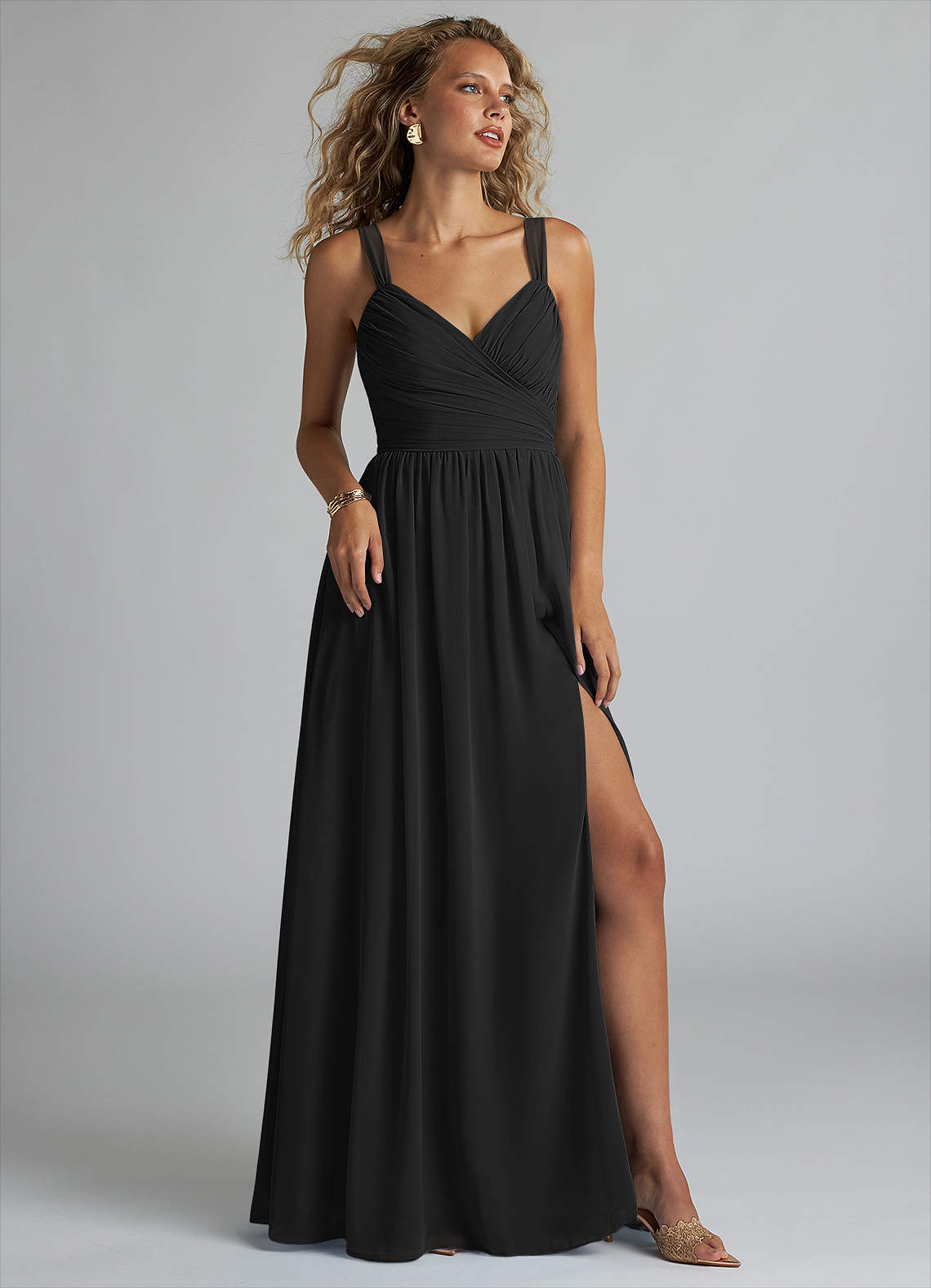 Azazie Aziza Bridesmaid Dresses Black A-Line V-Neck Pleated Chiffon Dress image1