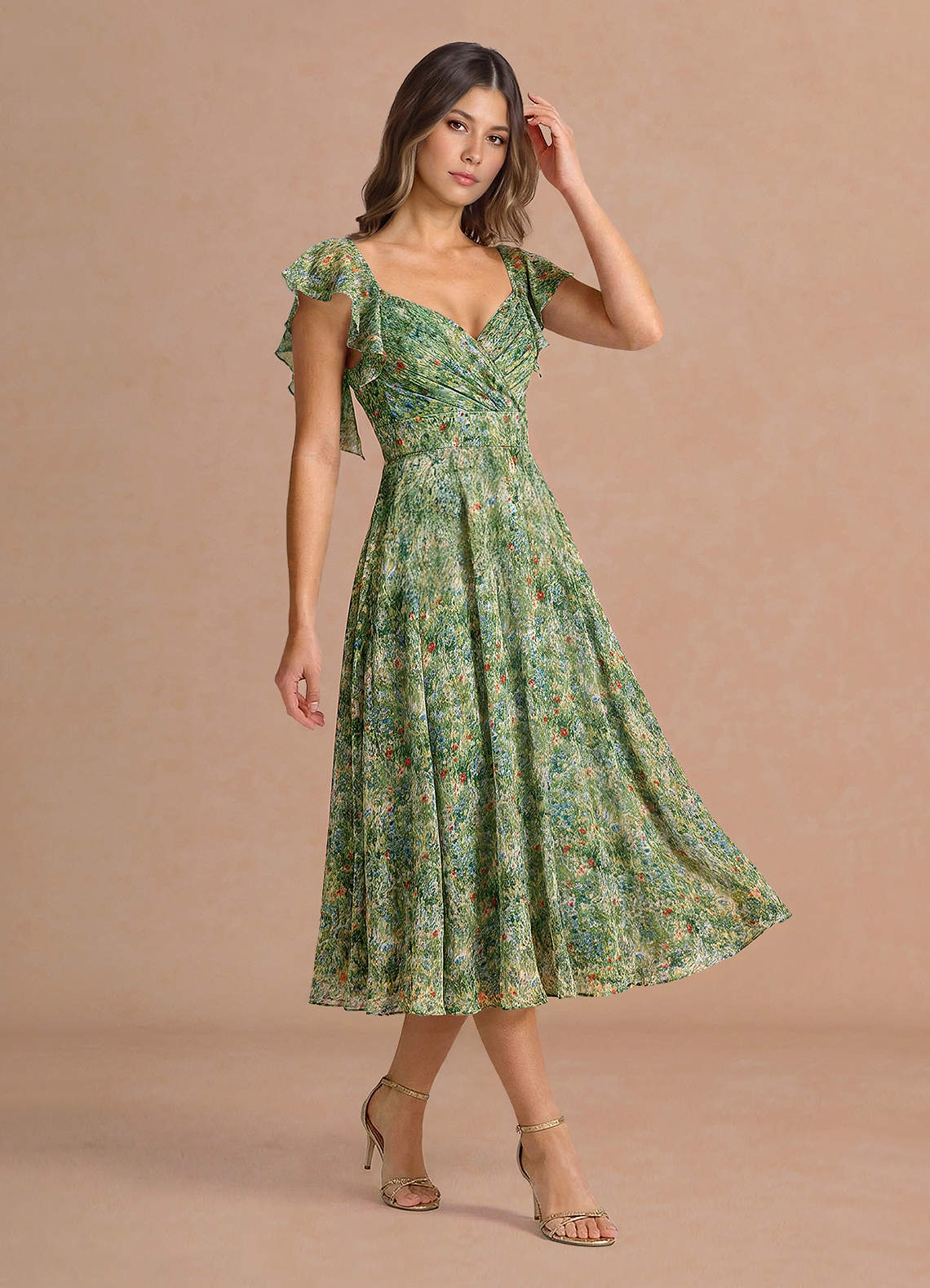 Saskia Green Floral Midi Dress | Azazie