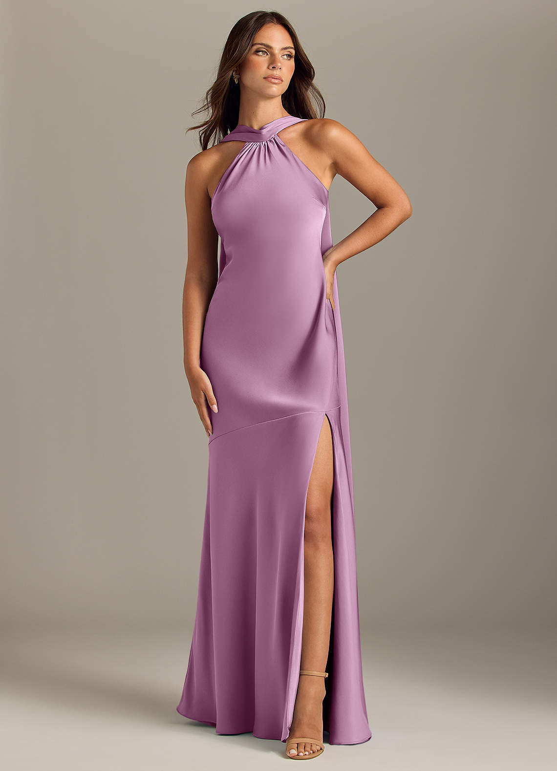 Azazie Kinsley Bridesmaid Dresses Wisteria Mermaid Side Slit Stretch Satin Dress image1