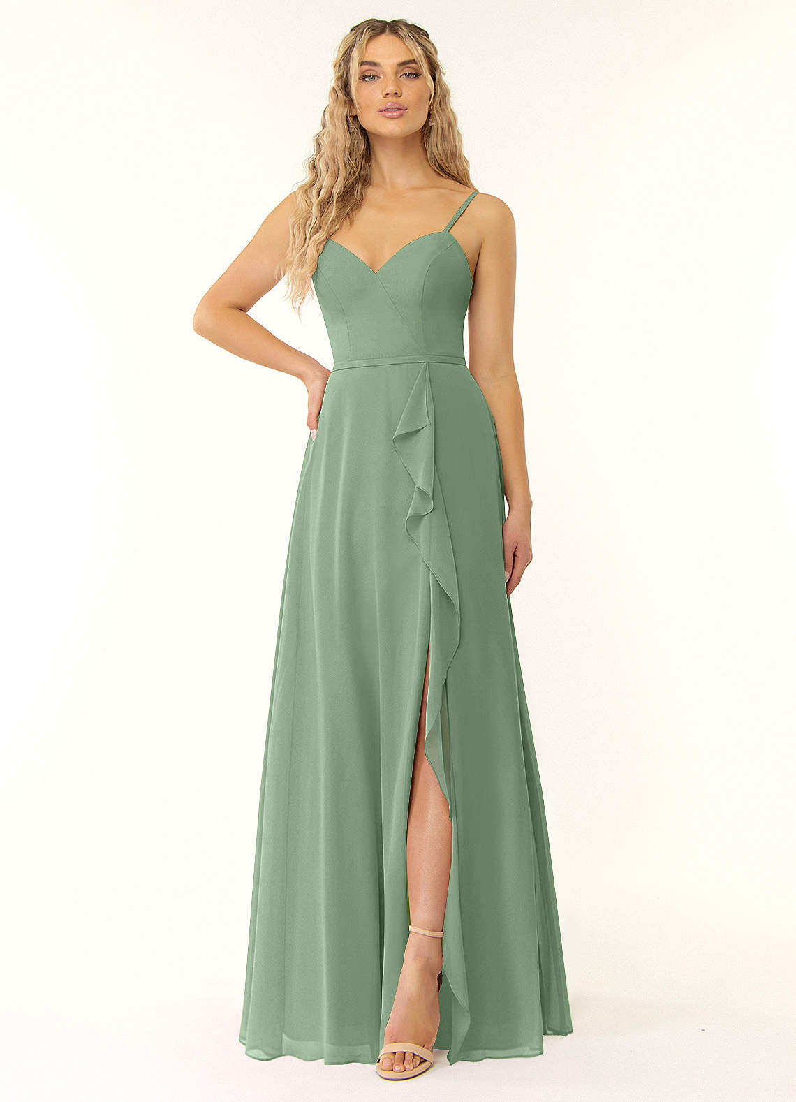 Azazie Naeem Bridesmaid Dresses Matcha A-Line V-Neck Ruffle Chiffon Dress image1