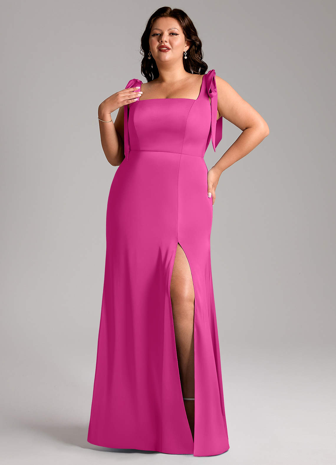 Azazie Frostine Bridesmaid Dresses Fuchsia A-Line Bow Stretch Satin Dress image1