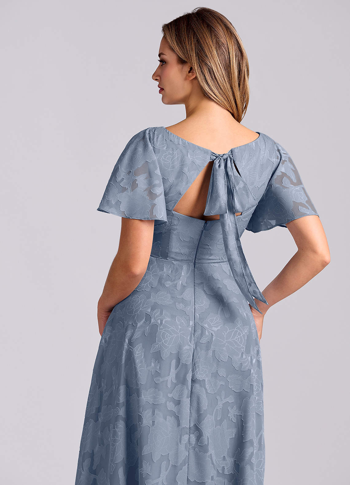 Azazie Kimber At-home Try On Dresses Dusty Blue A-Line with Pockets Floral Burnout Dress image1