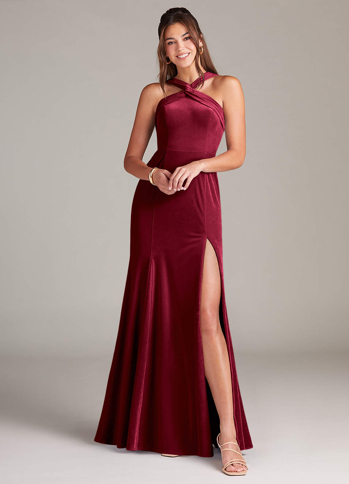 Azazie Rue Bridesmaid Dresses Burgundy A-Line Pleated Velvet Dress image1