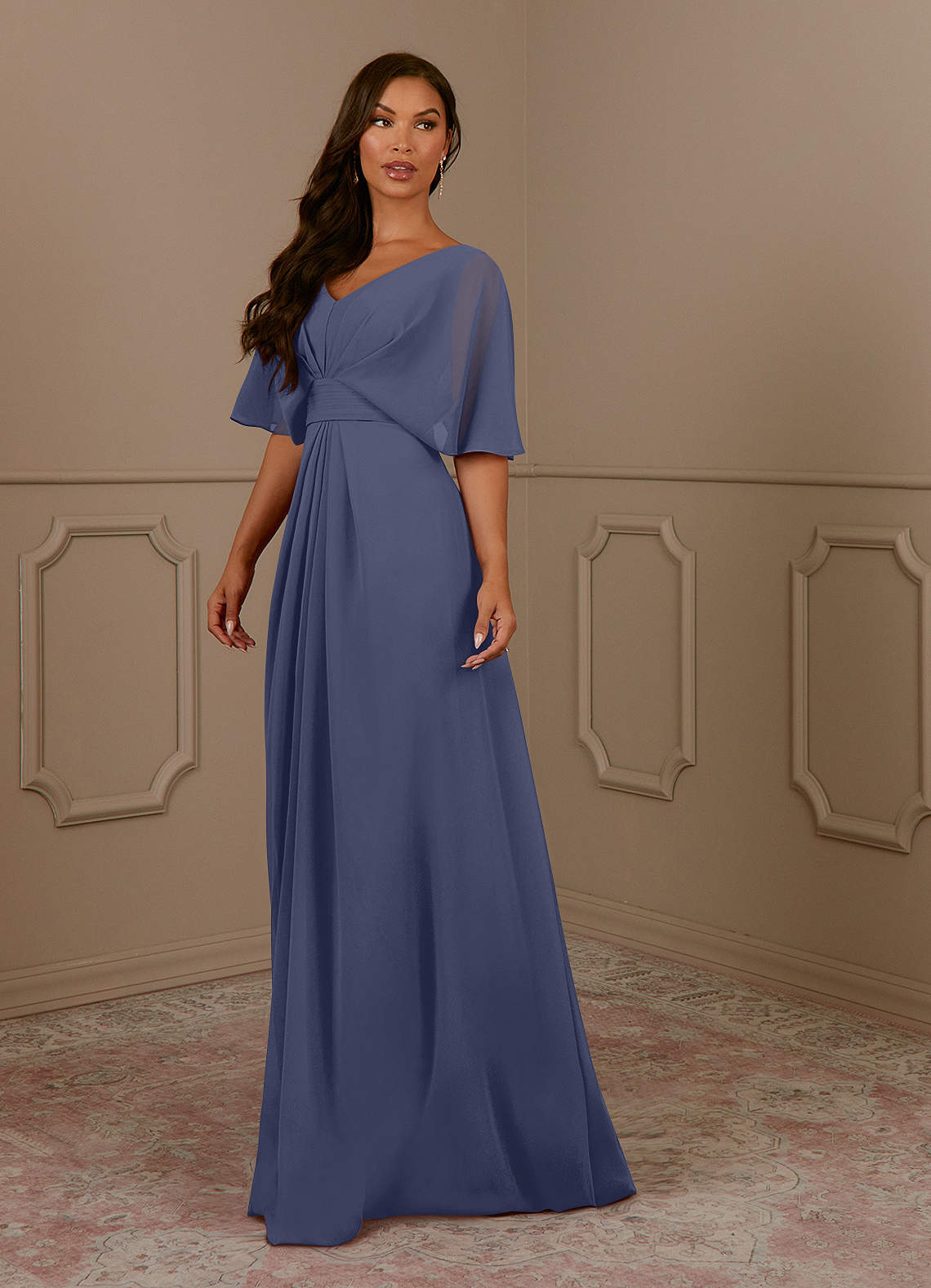 Azazie Oksana vestidos de madre de la novia Vestido de Tormenta de Gasa de Corte En A con Cuello en V Plisado image1