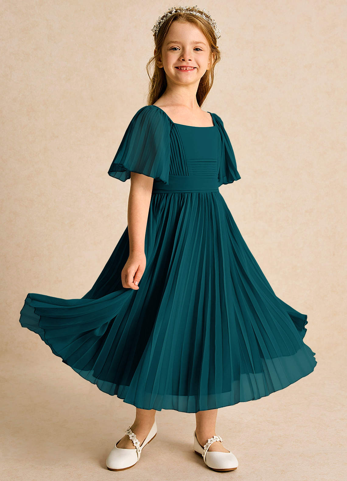 Azazie Gisele Abiti da Ragazza di Fiori Abito A-Line in Chiffon Plissettato Pino image1