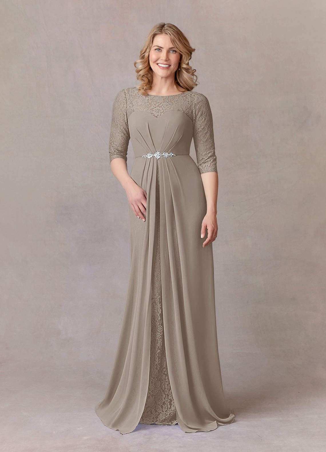 Azazie Leonine Taupe A-Line Scoop lace Chiffon Dress Ready to Ship