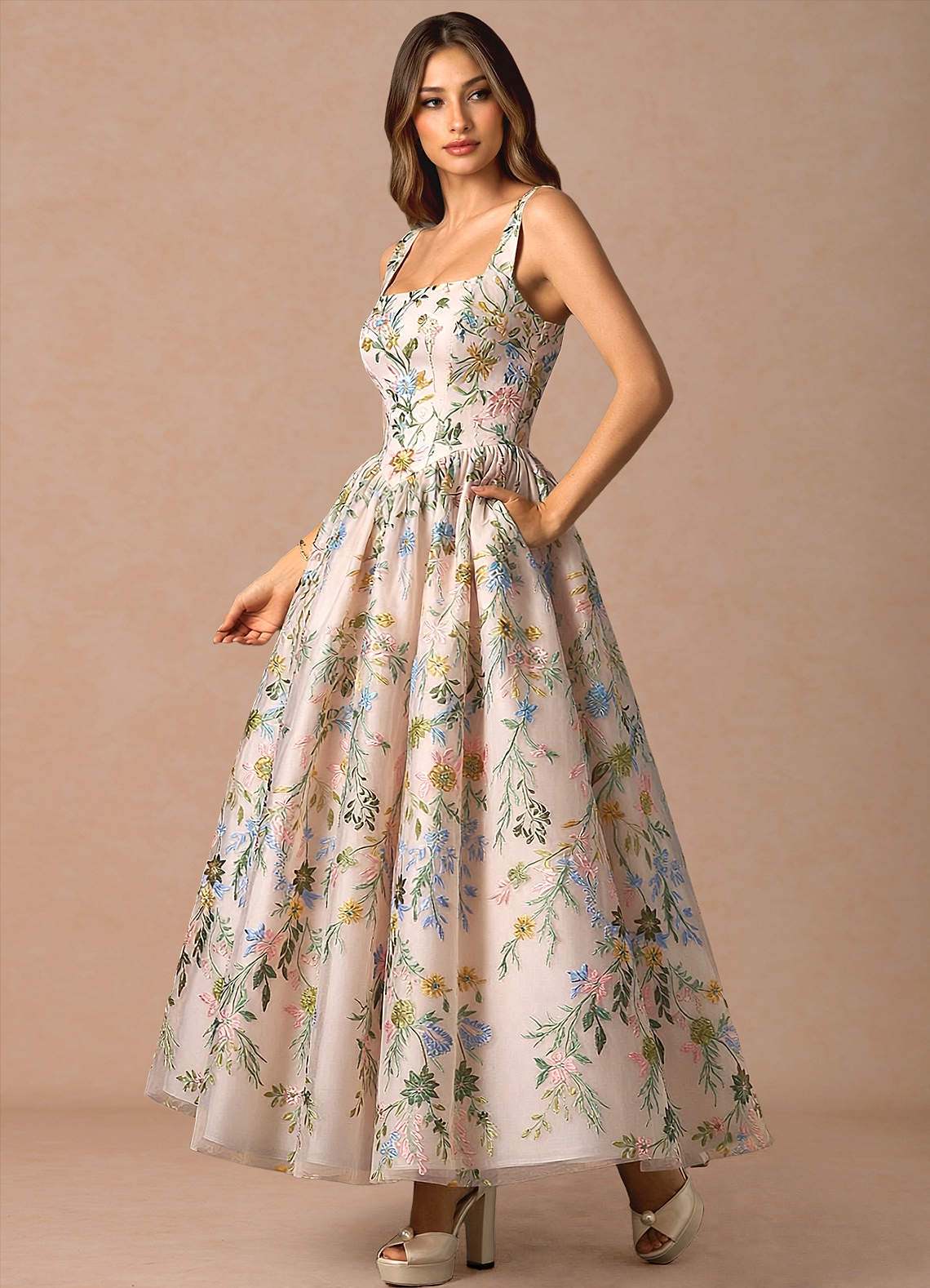 embroidered blush dress Annabeth Embroidered Satin Midi Dress