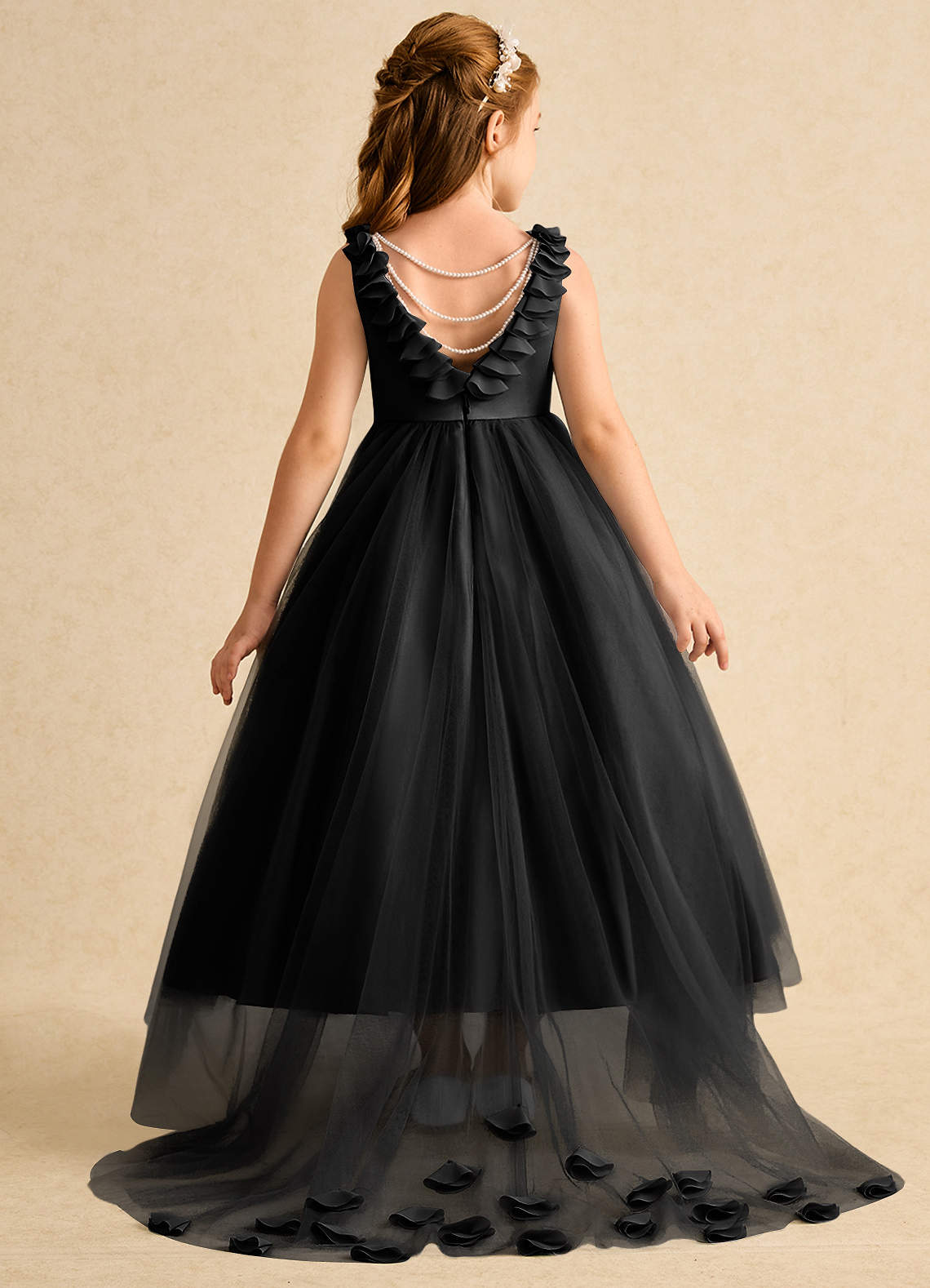 Azazie Lorita Abiti da Ragazza di Fiori Abito A-Line in Tulle Perline Nero image1