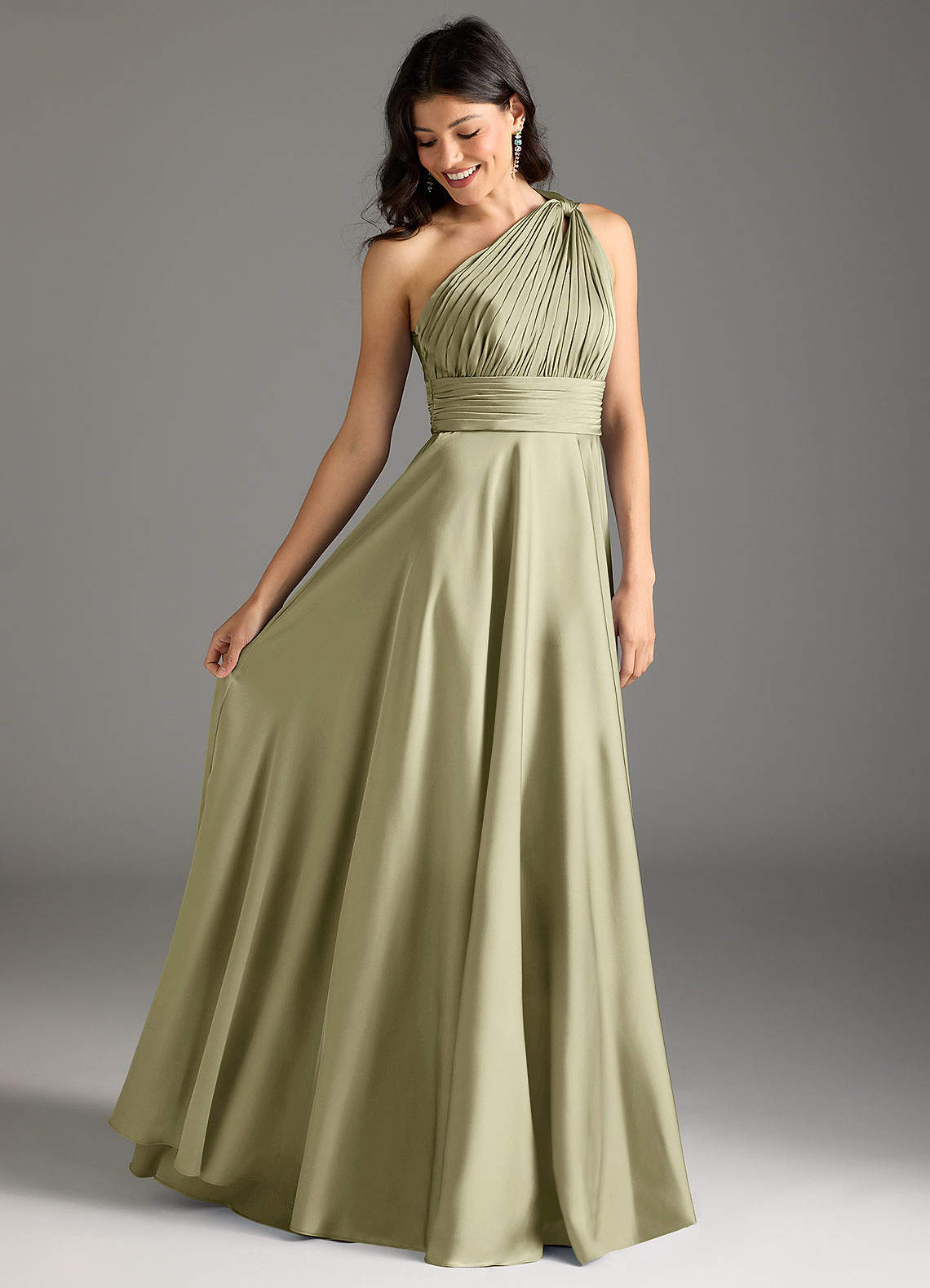 Azazie Charlize Bridesmaid Dresses Pistachio A-Line One Shoulder Stretch Satin Dress image1