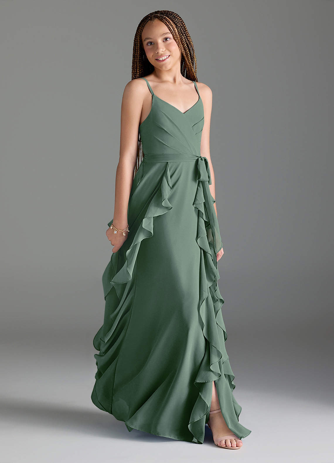 Azazie Peyton Junior Eucalyptus A-Line V-Neck Cascading Ruffles Chiffon Dress image2