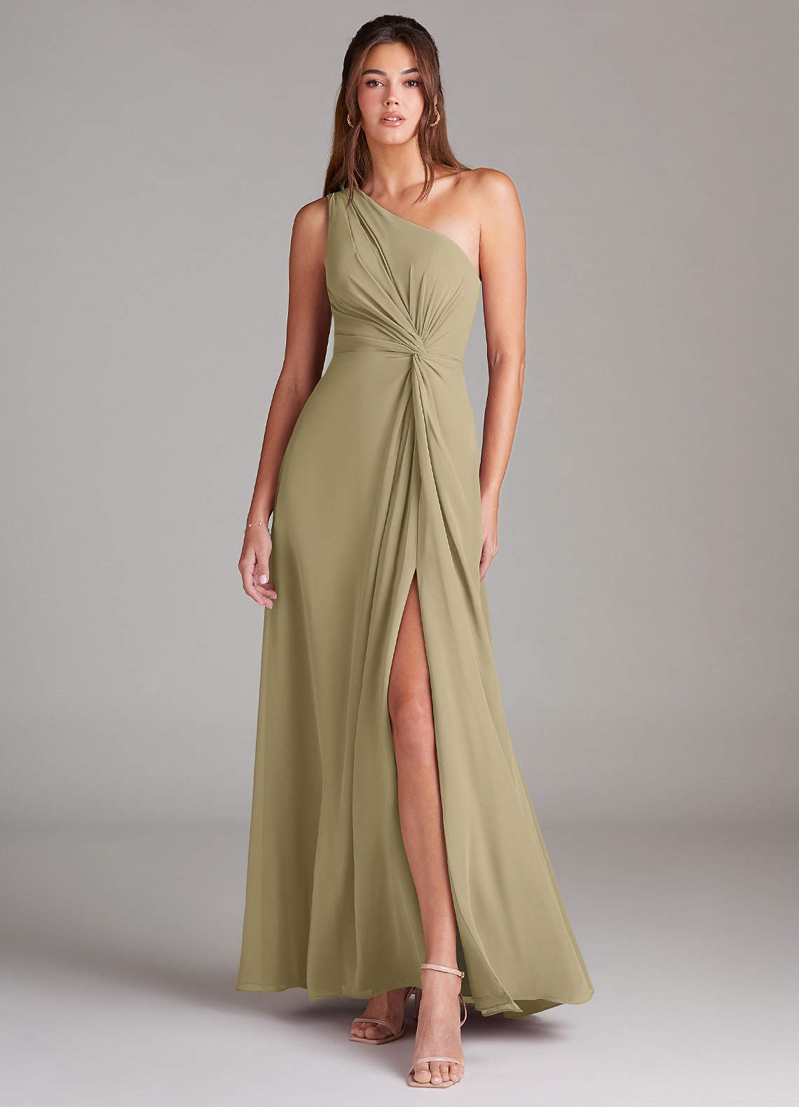 Azazie Brooke Abiti da Damigella Abito A-Line in Chiffon Monospalla Verde Muschio image1