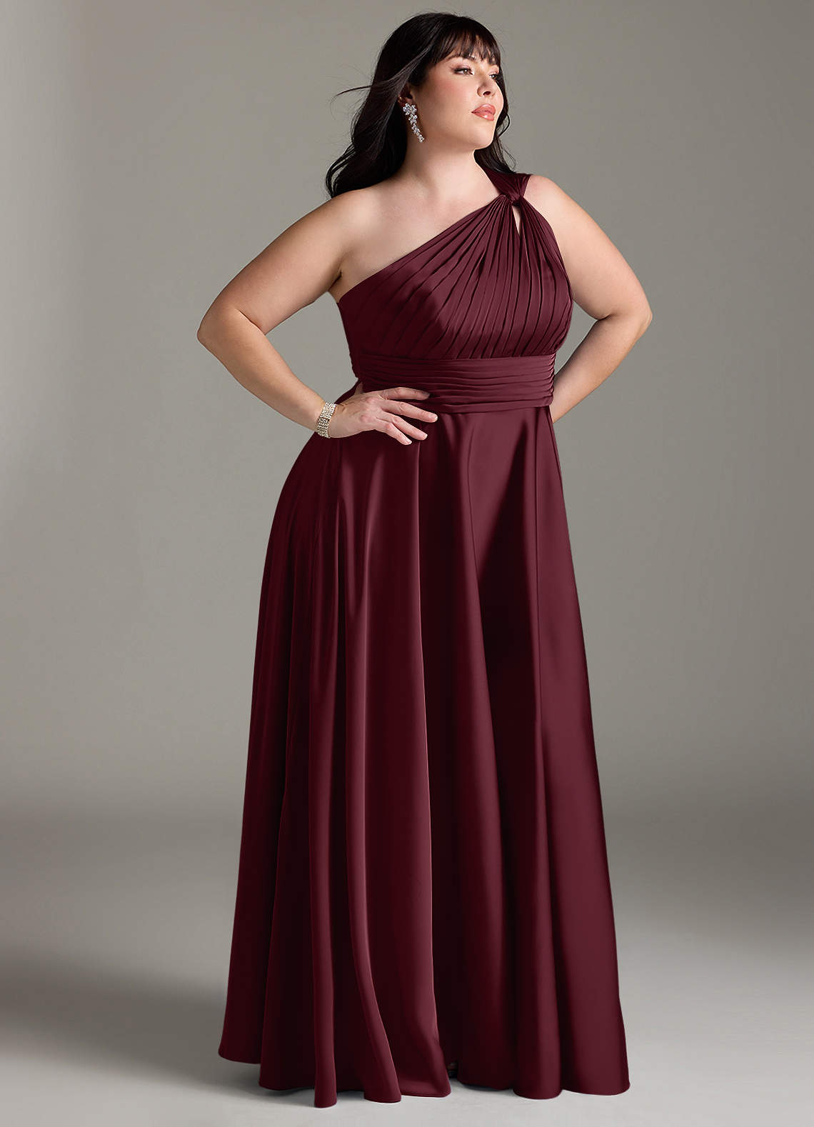 Azazie Charlize Bridesmaid Dresses Cabernet A-Line One Shoulder Stretch Satin Dress image11