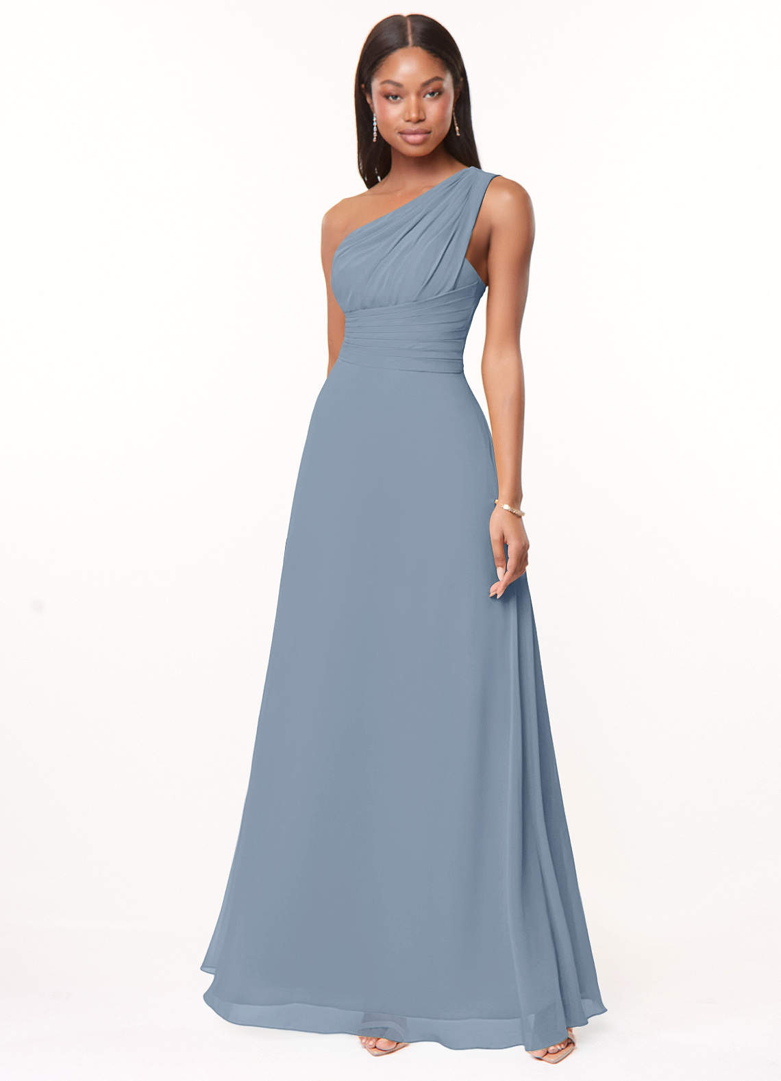 Azazie Ashley Bridesmaid Dresses Dusty Blue A-Line Ruched Chiffon Dress image1