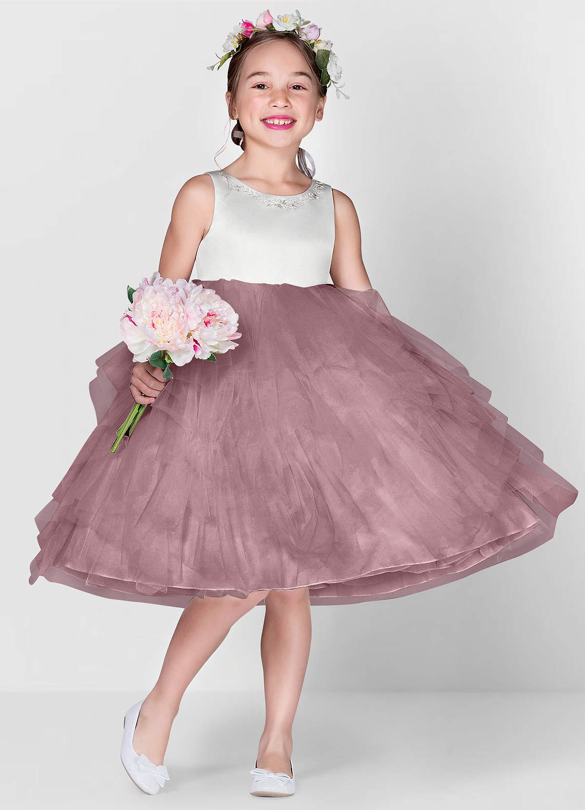 Azazie Redondo vestidos de niña de las flores Vestido de Rosa Polvorienta de Tul de Princesa con Bordado image1