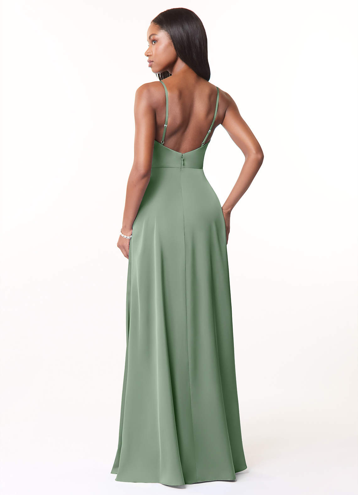 Azazie Brielle Robes de demoiselle d'honneur Robe Trapèze en Satin extensible Bretelles spaghetti Matcha image1