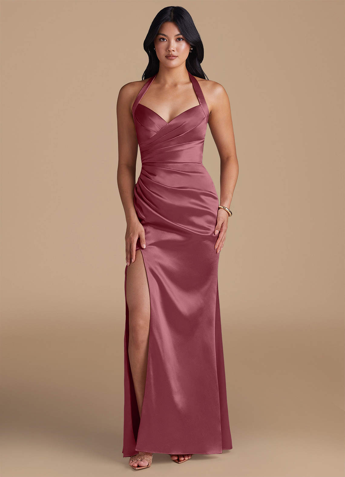 Azazie Emeria Bridesmaid Dresses Desert Rose Sheath Side Slit Metallic Satin Dress image1