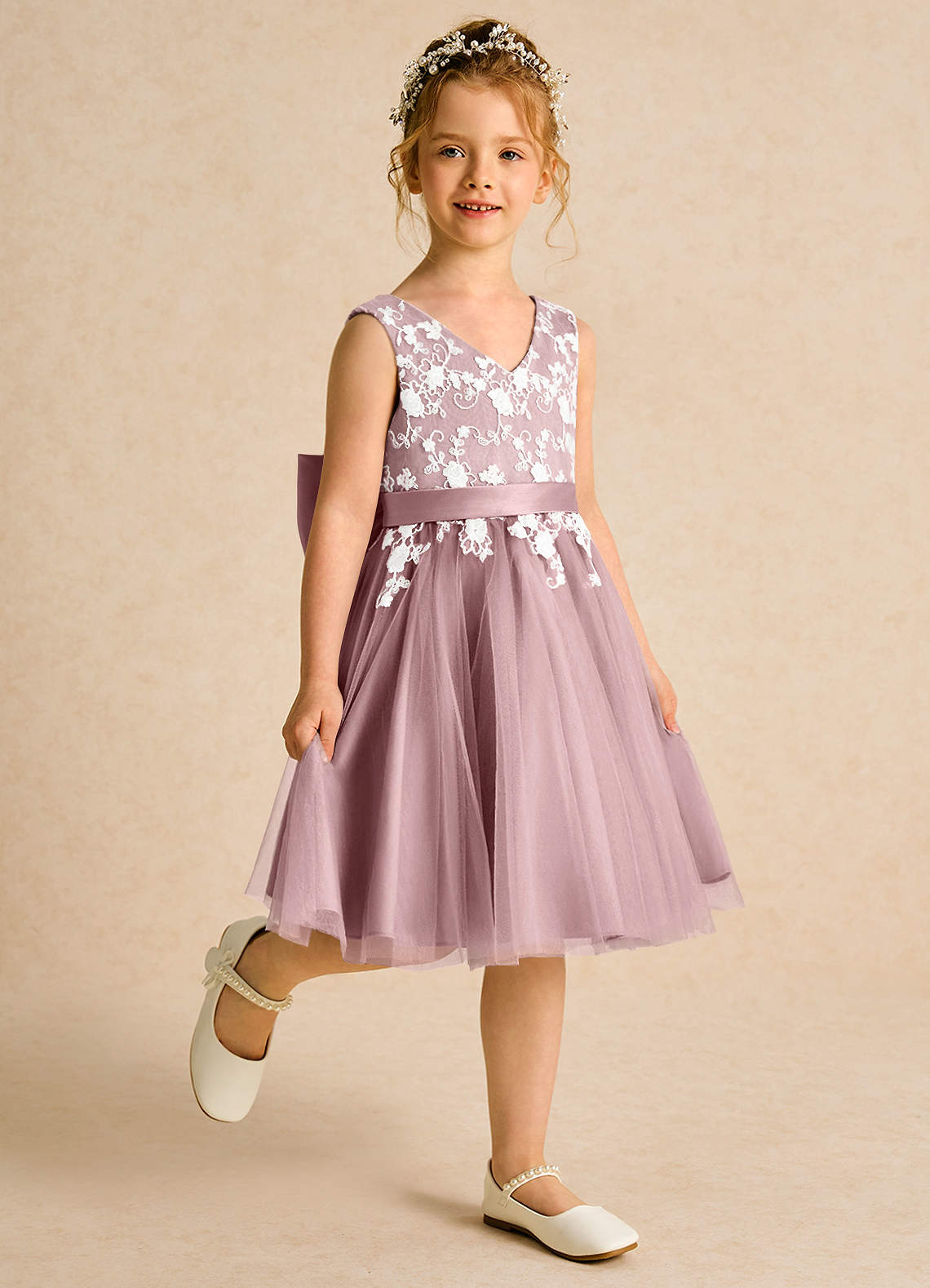 Azazie Butterfly Flower Girl Dresses Dusty Rose A-Line Lace Dress image2