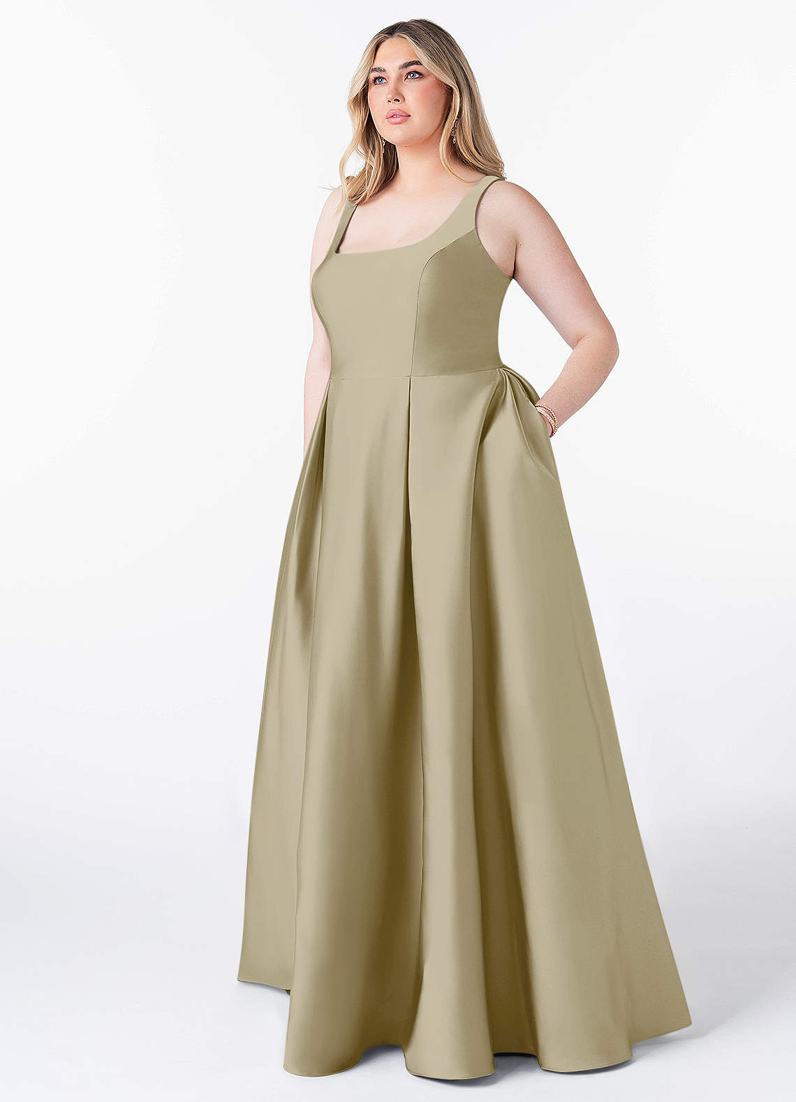 Azazie Neve Robes de demoiselle d'honneur Robe Princesse en Satin extensible avec poches Vert Mousse image1