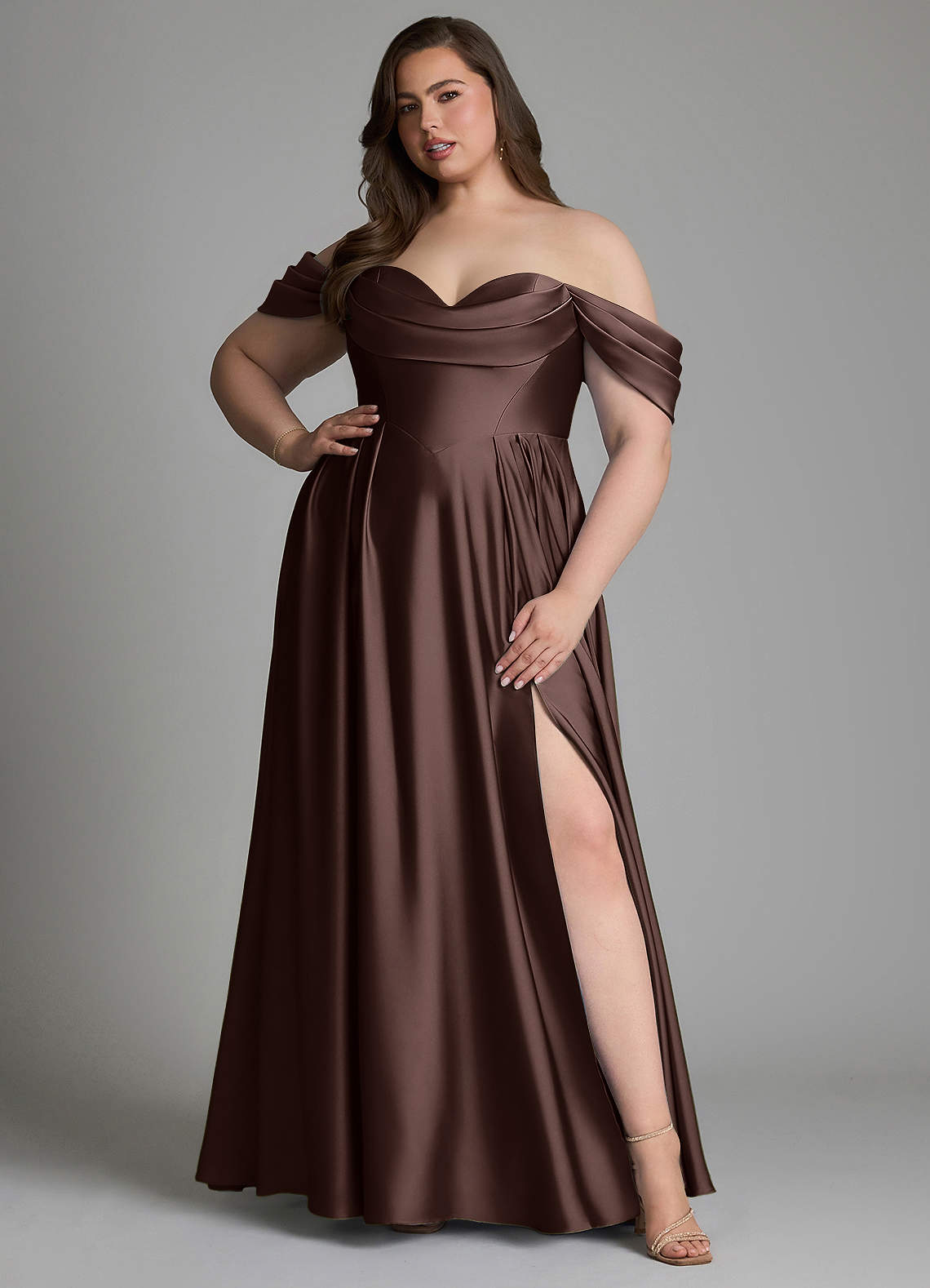 Azazie Loisa Bridesmaid Dresses Ganache A-Line Off the Shoulder Stretch Satin Dress image11