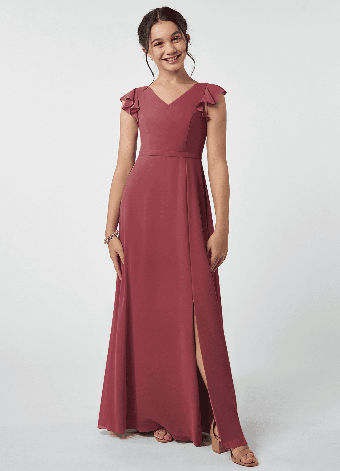 Azazie Claudine Junior Merlot A-Line Pleated Chiffon Dress image1