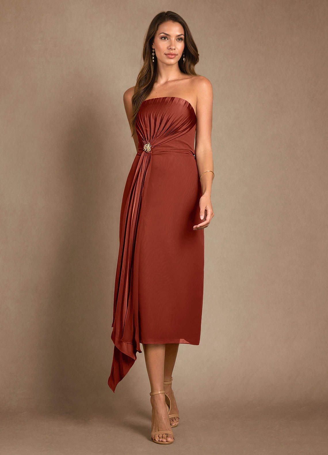 Azazie Dinanta Mother of the Bride Dresses Terracotta Column Pleated Chiffon Dress image5