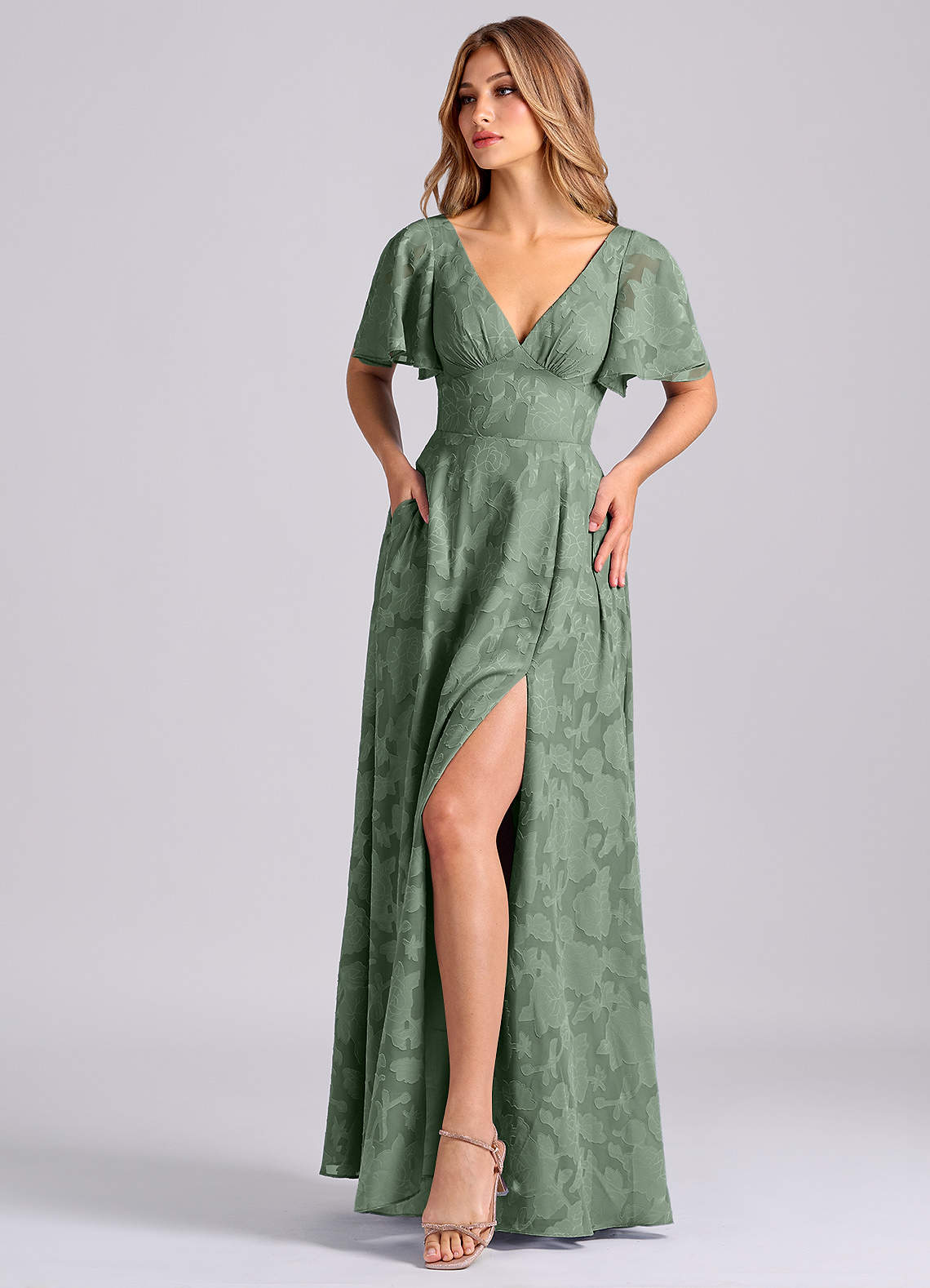 Azazie Kimber Bridesmaid Dresses Matcha A-Line with Pockets Floral Burnout Dress image5