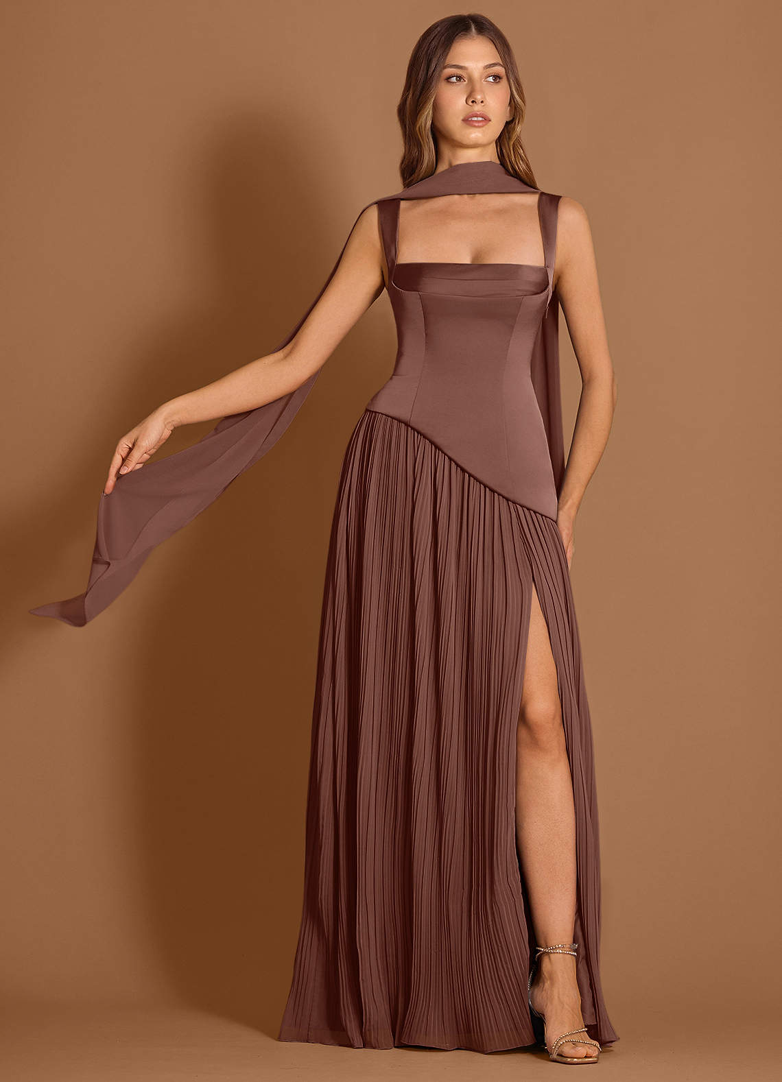 Azazie Floor-Length Maxi Dresses A-Line Wedding Guest Formal Dresses Square Mocha Coco