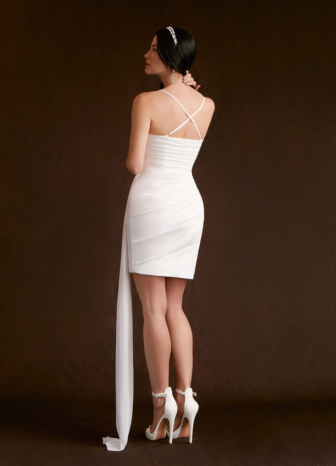Azazie Iras Wedding Dresses Sheath Cowl Neckline Pleated Mesh Mini Dress image1