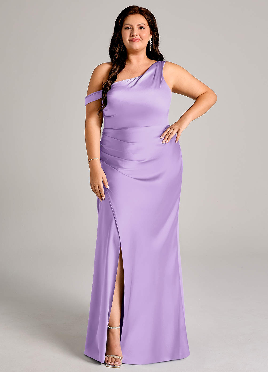 Azazie Madelyn Bridesmaid Dresses Lilac Mermaid One Shoulder Stretch Satin Convertible Dress image9