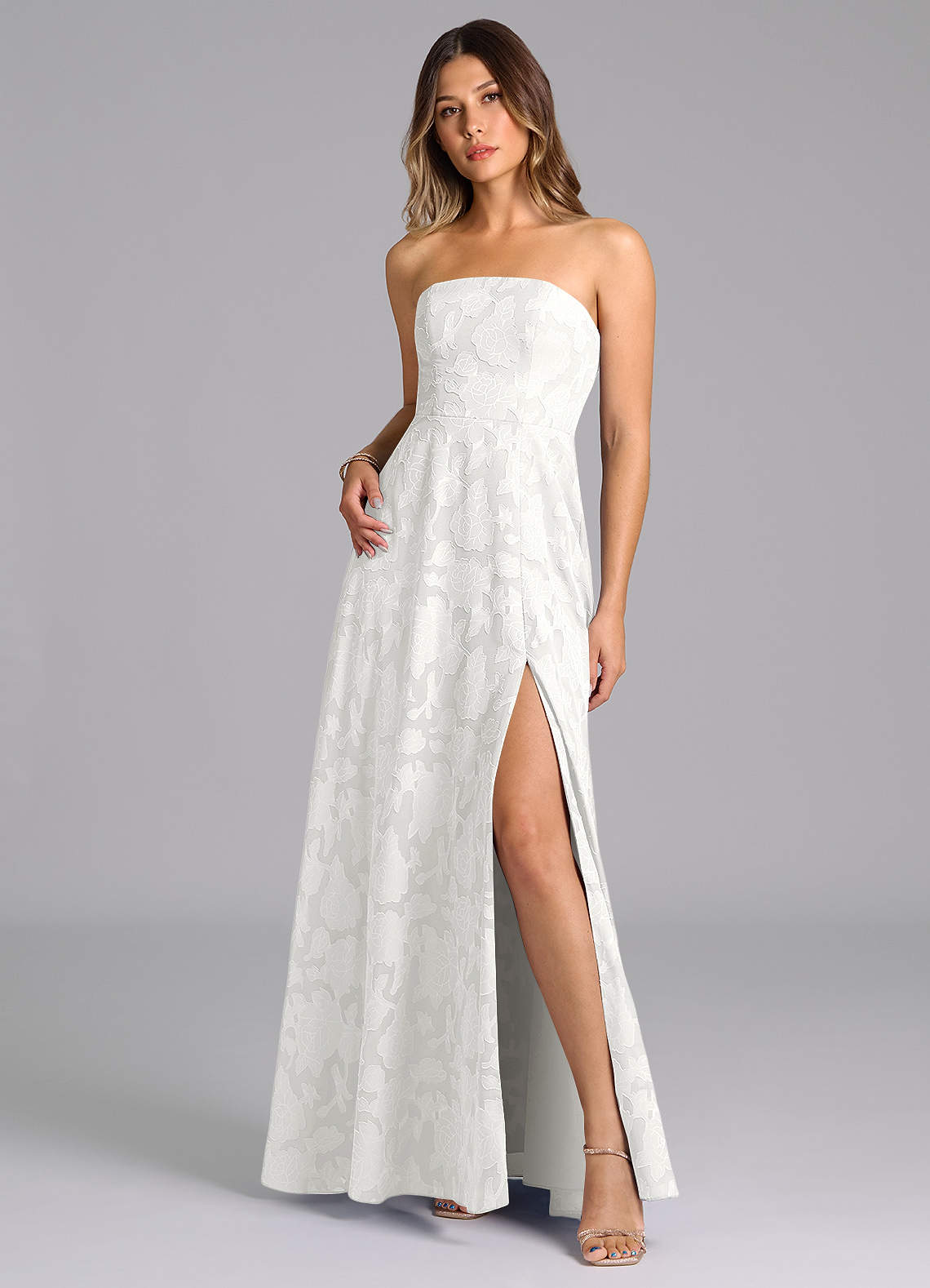 Azazie Wren Bridesmaid Dresses White A-Line Strapless Floral Burnout Dress image2