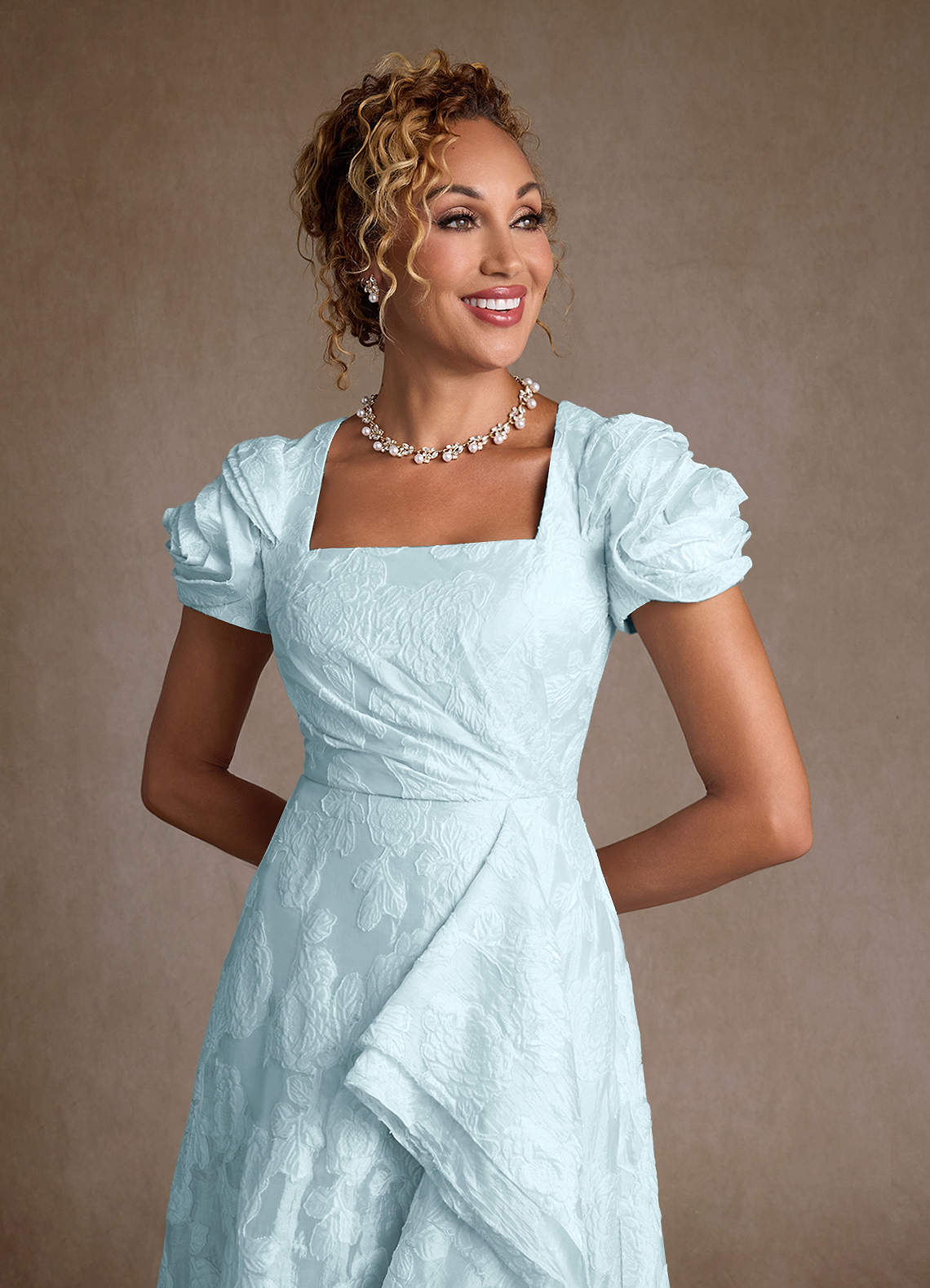 Azazie Hermina Mother of the Bride Dresses Pale Blue Jacquard A-Line Pleated Floral Jacquard Dress image5