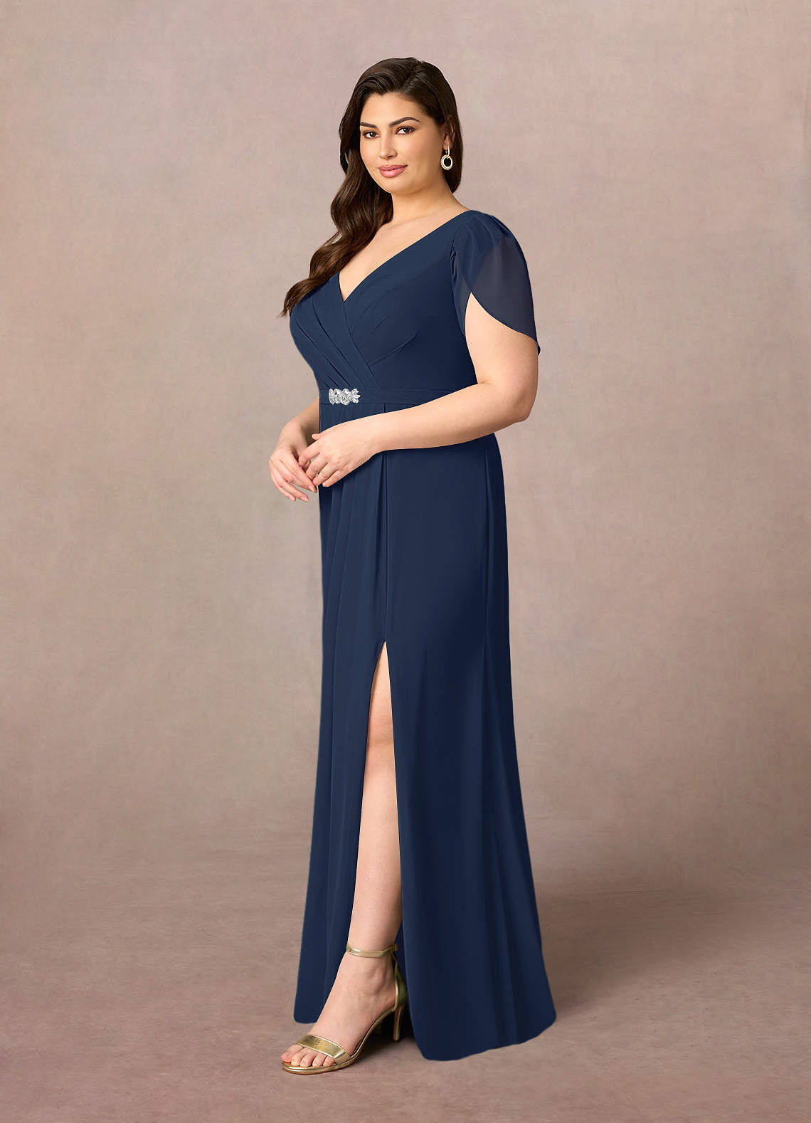 Azazie Marianne Mother of the Bride Dresses Dark Navy Sheath V-Neck Pleated Chiffon Dress image7