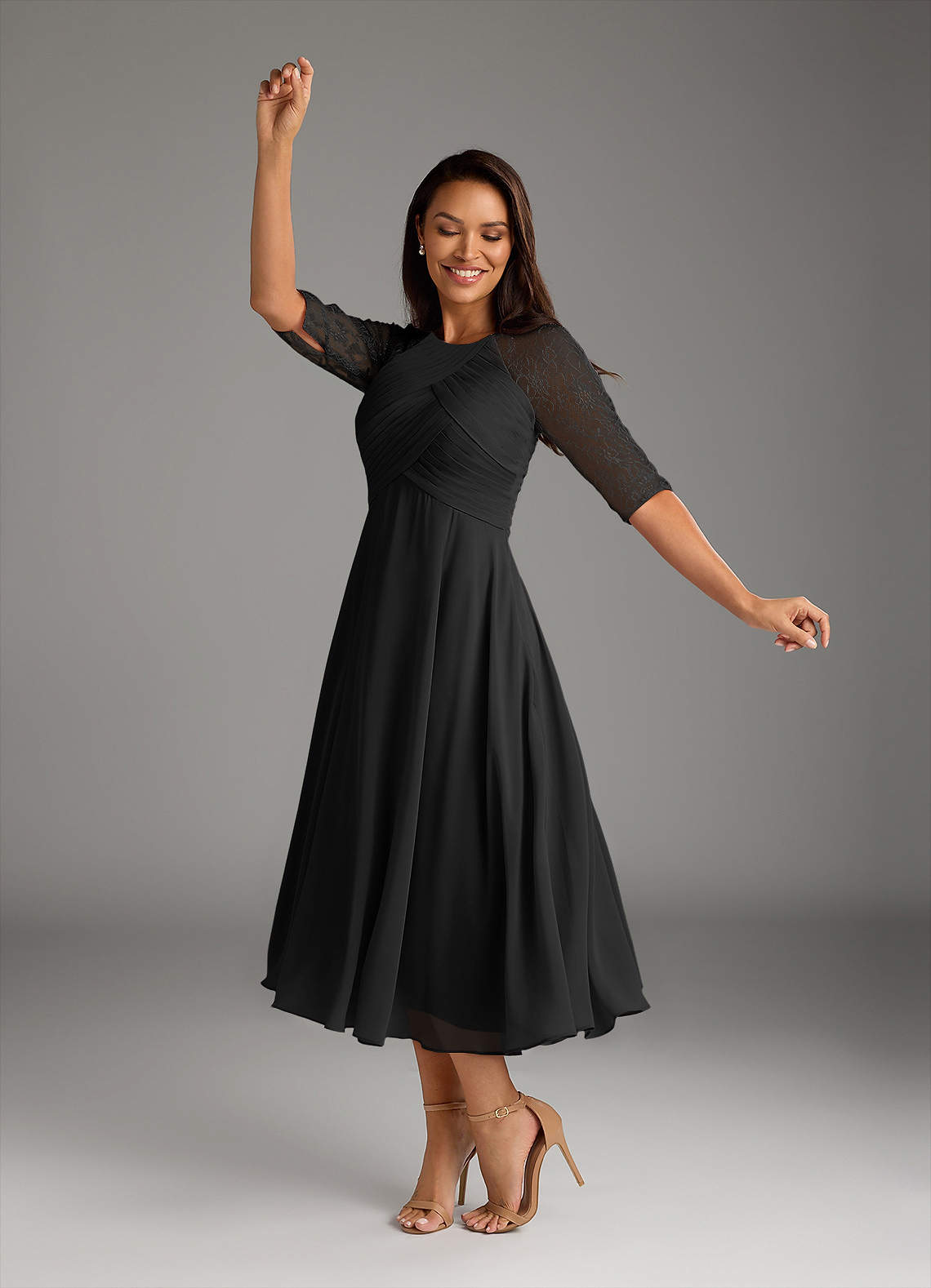 black tea length dresses Black Scoop Neck Short Sleeves Knee Length Mother of The Bride Dresses main image 1