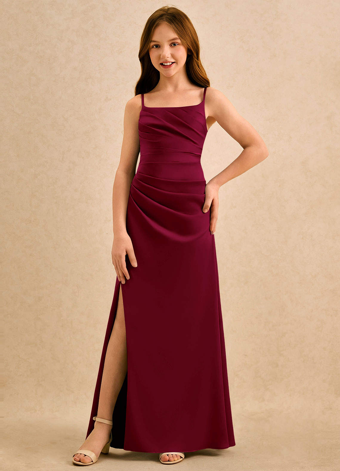 Azazie Cannoli Girls Formal Robe Demoiselle D'honneur Fillette Robe Trapèze en Satin extensible Plissée Bourgogne image2