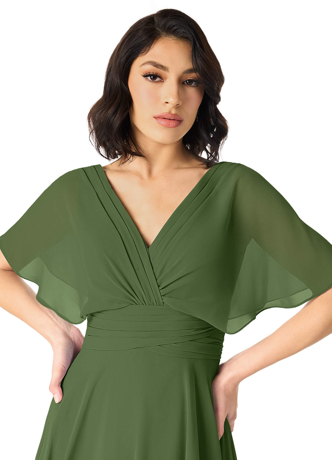 Azazie Pamela Bridesmaid Dresses Olive A-Line V-Neck Pleated Chiffon Dress image3