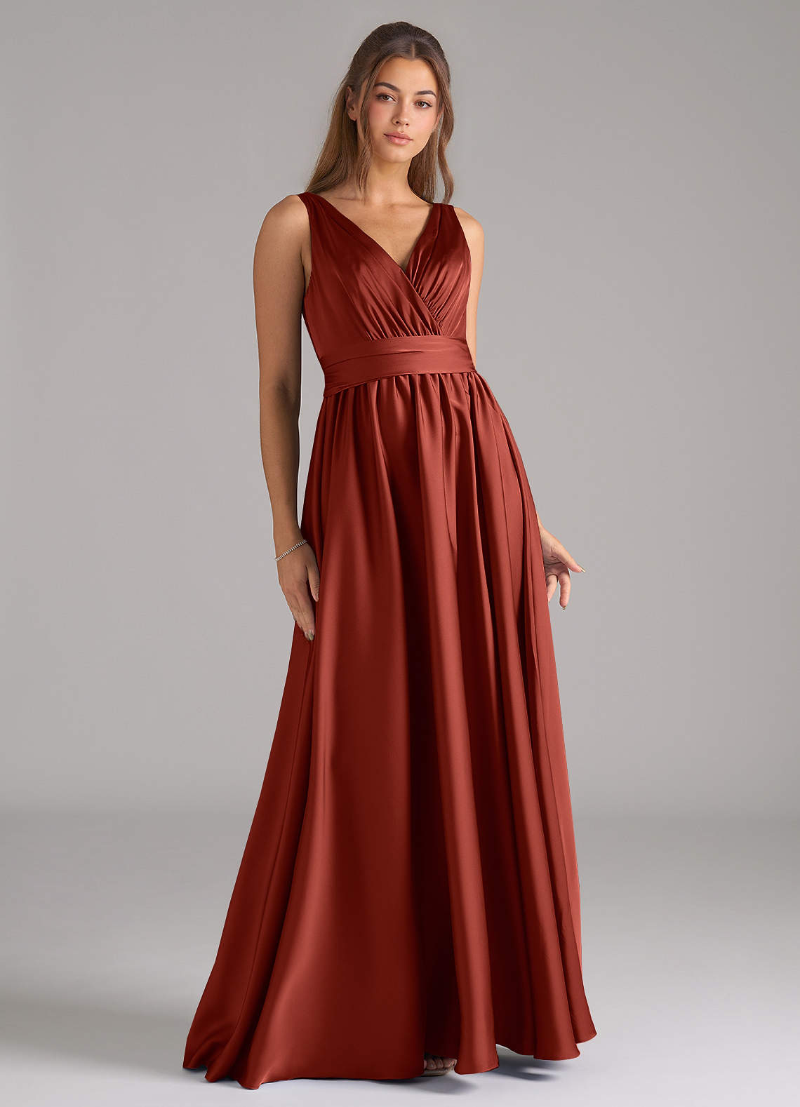 Azazie Kora Bridesmaid Dresses Terracotta A-Line Pleated Stretch Satin Dress image1