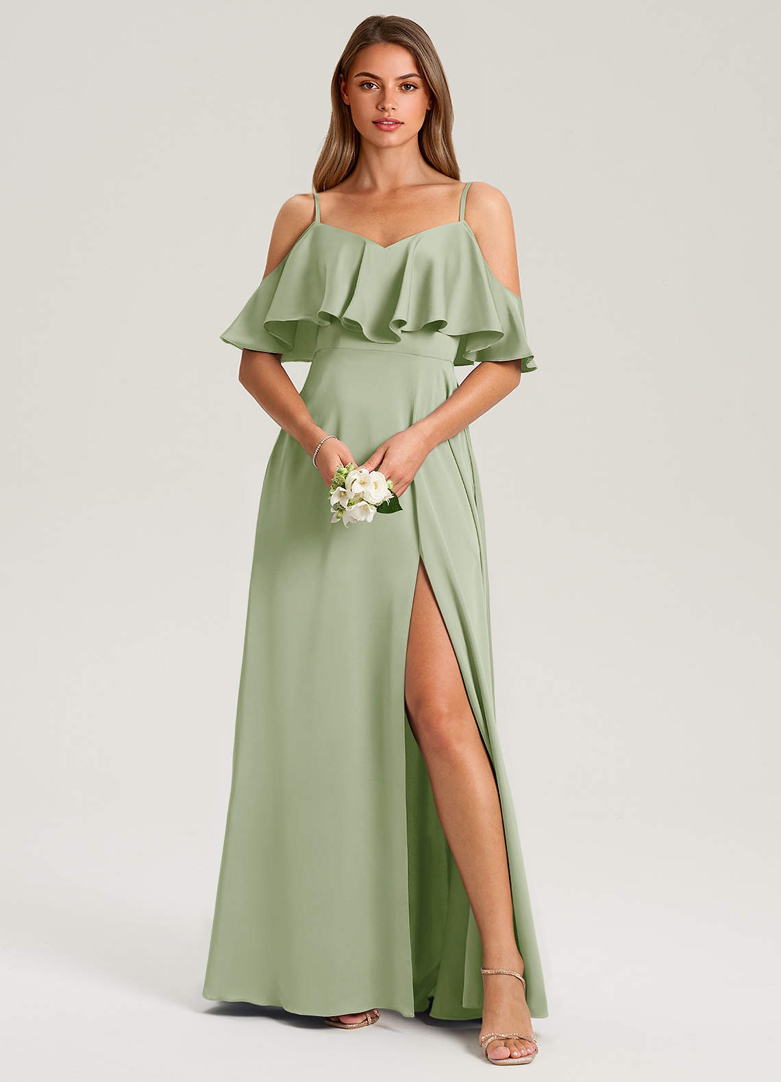 Azazie Jean Bridesmaid Dresses Dusty Sage A-Line Off the Shoulder Stretch Satin Dress image1