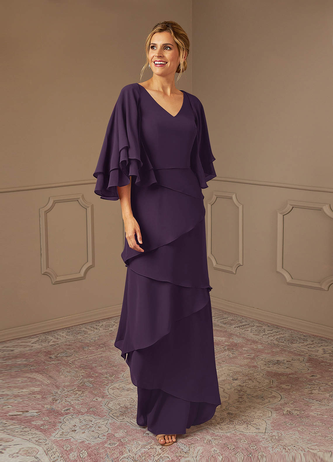 Azazie OHara Mother of the Bride Dresses Plum A-Line V-Neck Chiffon Dress image1