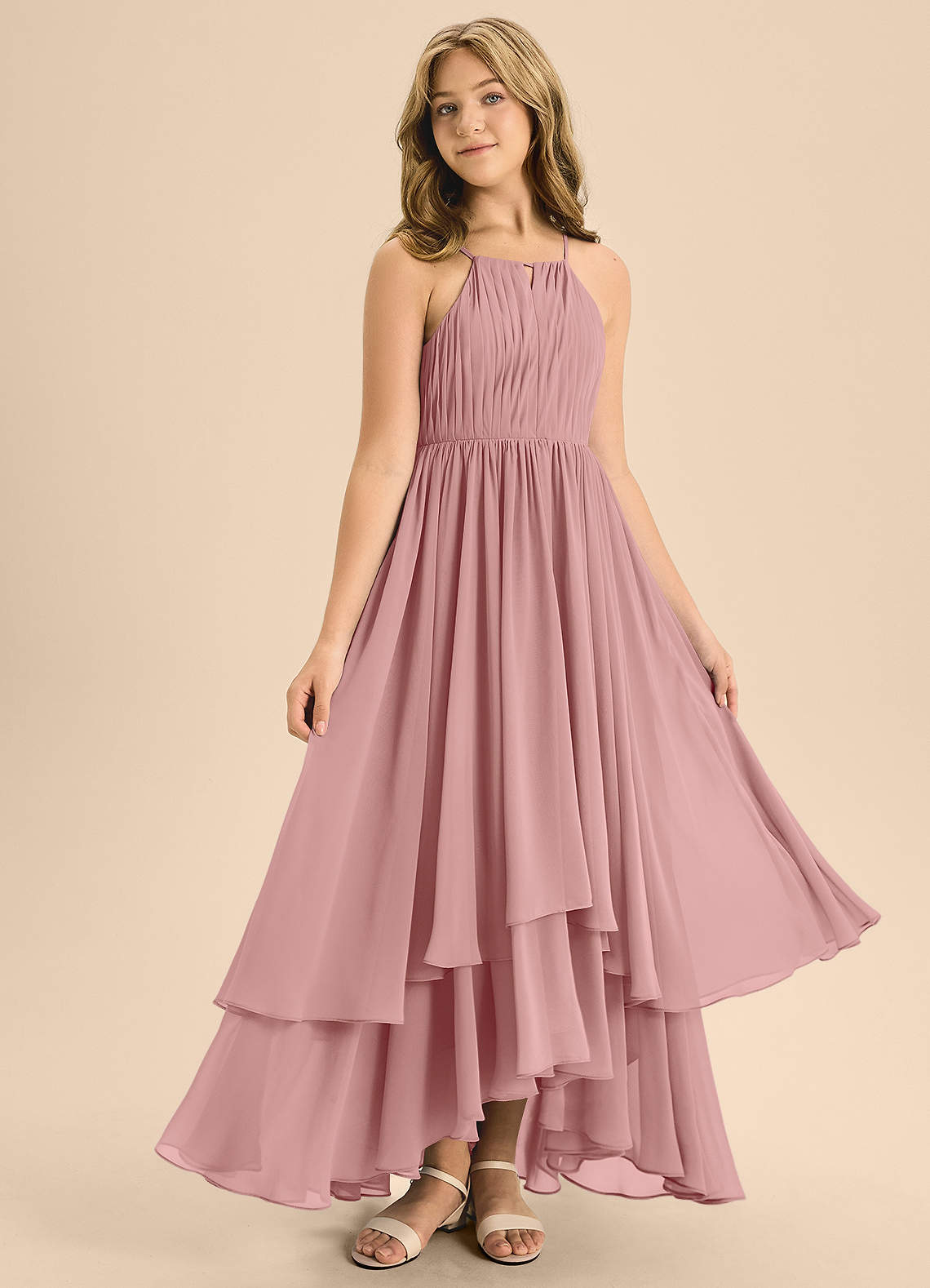 Azazie Elliora Junior A-Linie Plissee Chiffon Kleid Altrosa image2