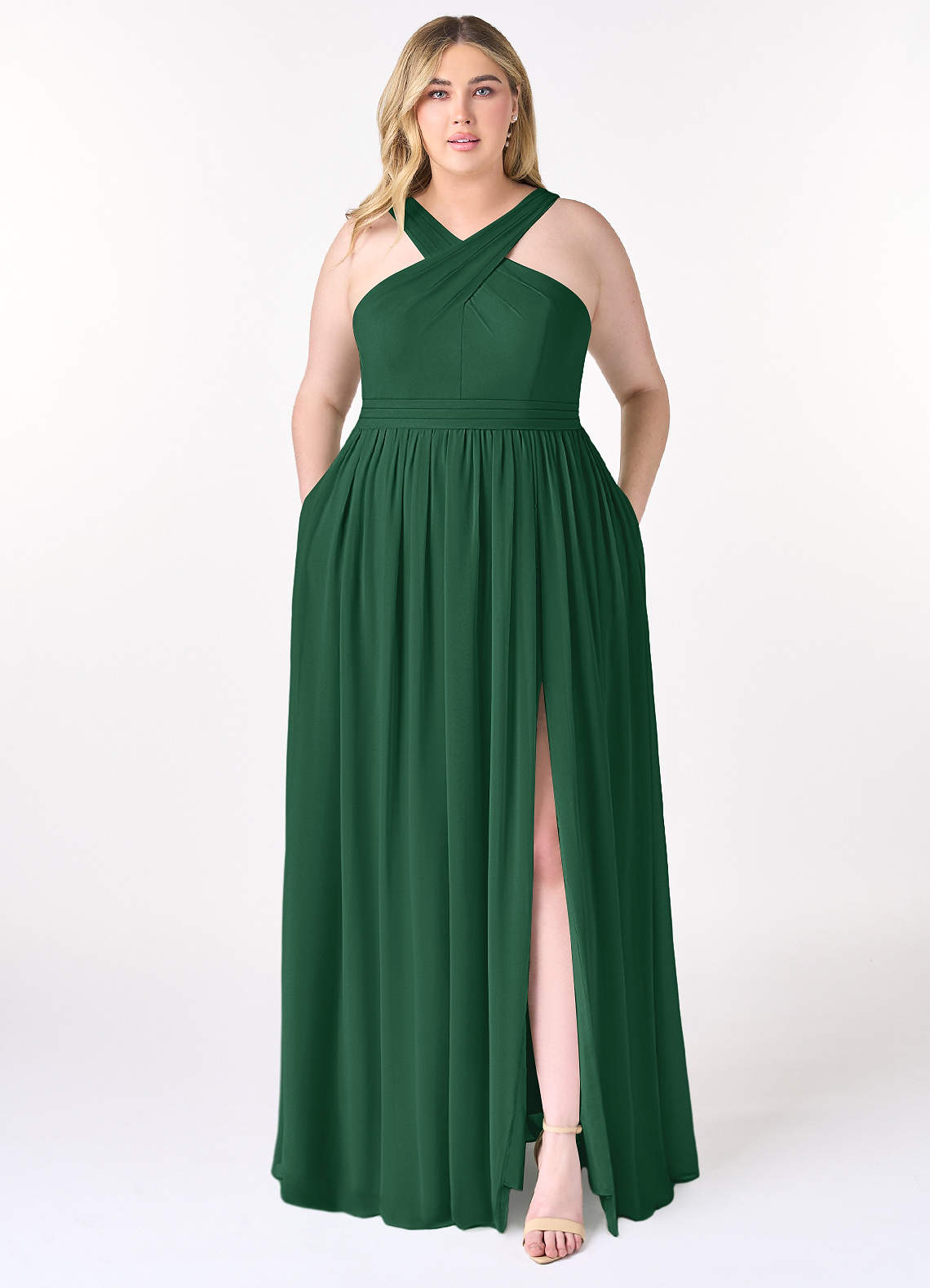 Full Pleated Skirt Chiffon Bridesmaid Dress Dark Green Plus Size