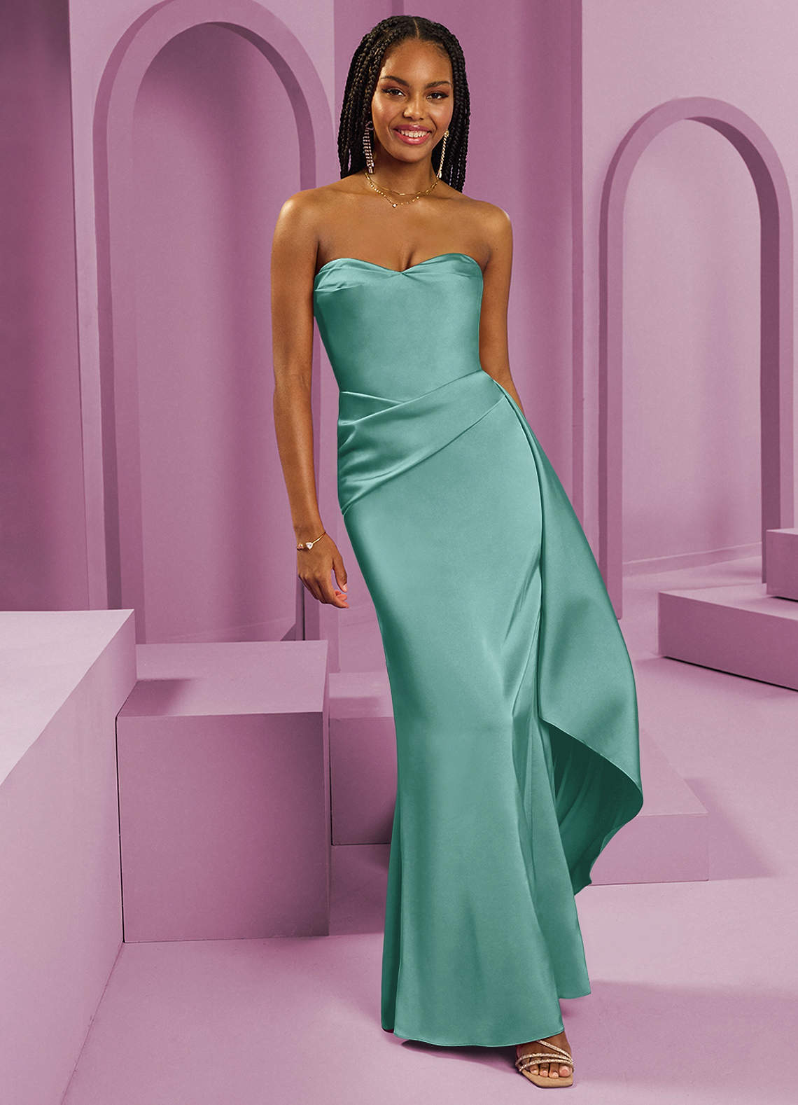 Barbie ♥ Azazie Vestidos de damas de honor Vestido de Aqua de Satén Elástico de Corte Recto Convertible con Sin tirantes image1
