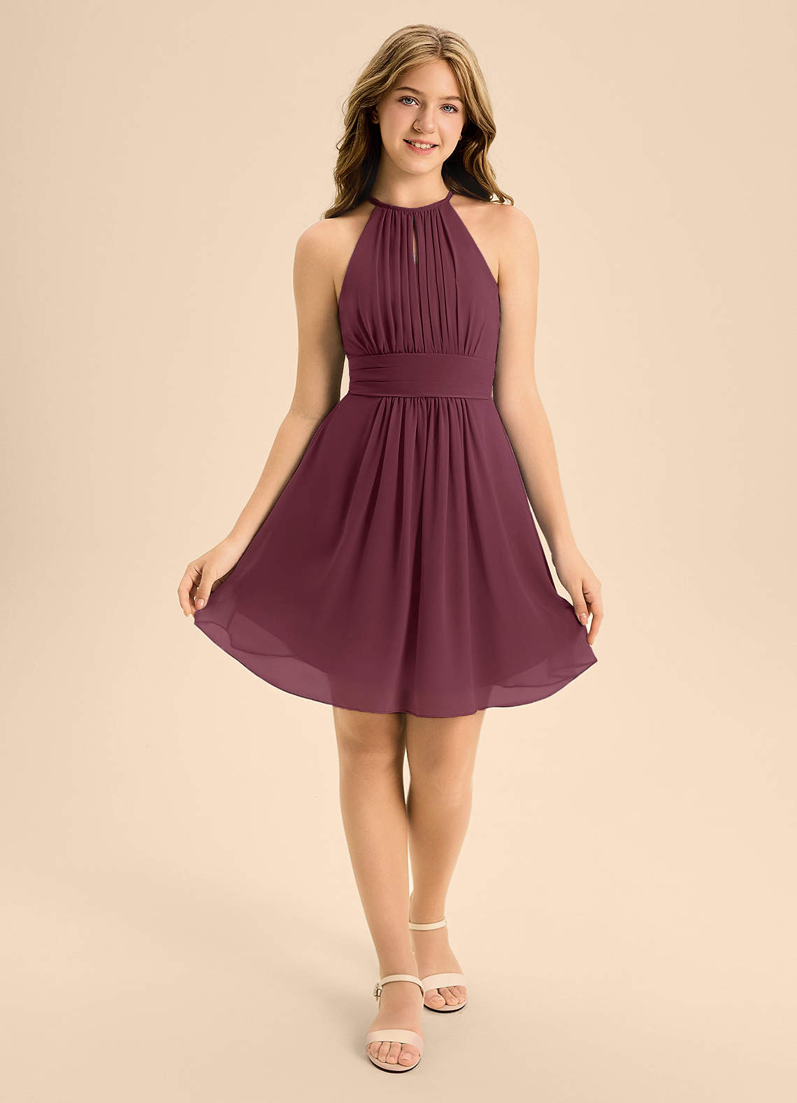 Azazie Bonnie Junior Cabernet A-Line Pleated Chiffon Dress image1