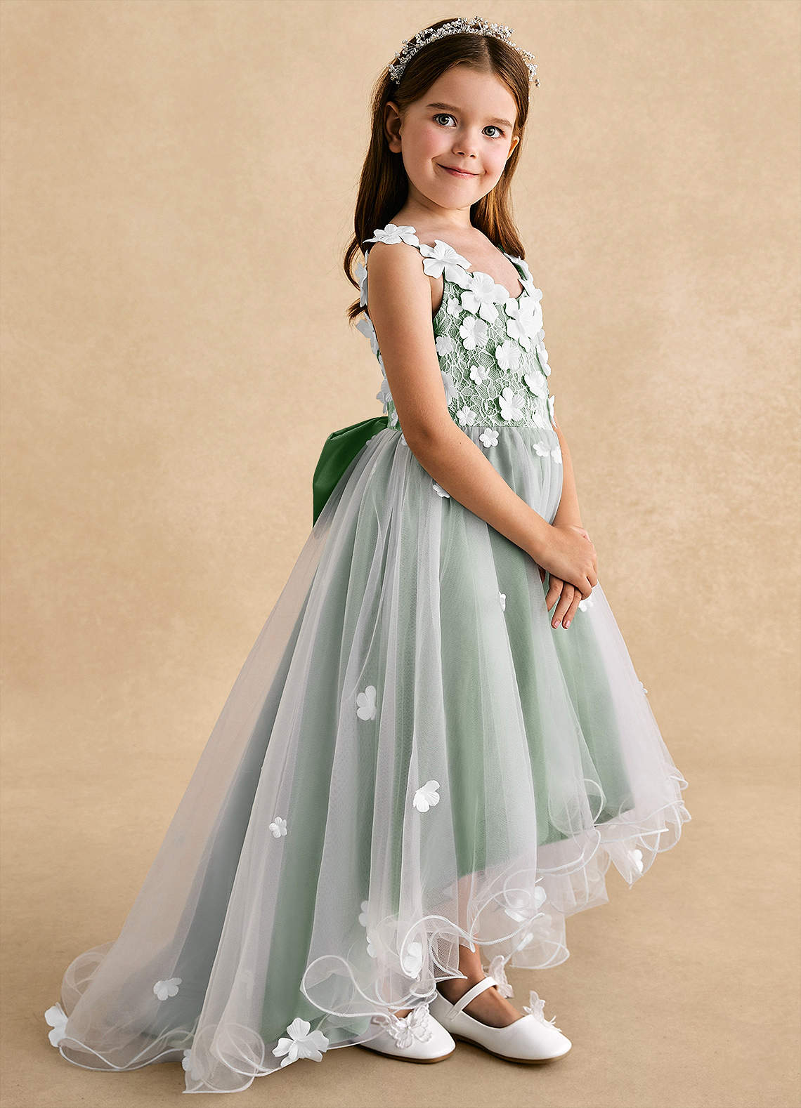 Azazie Celia Flower Girl Dresses Matcha A-Line Lace Tulle Dress image2