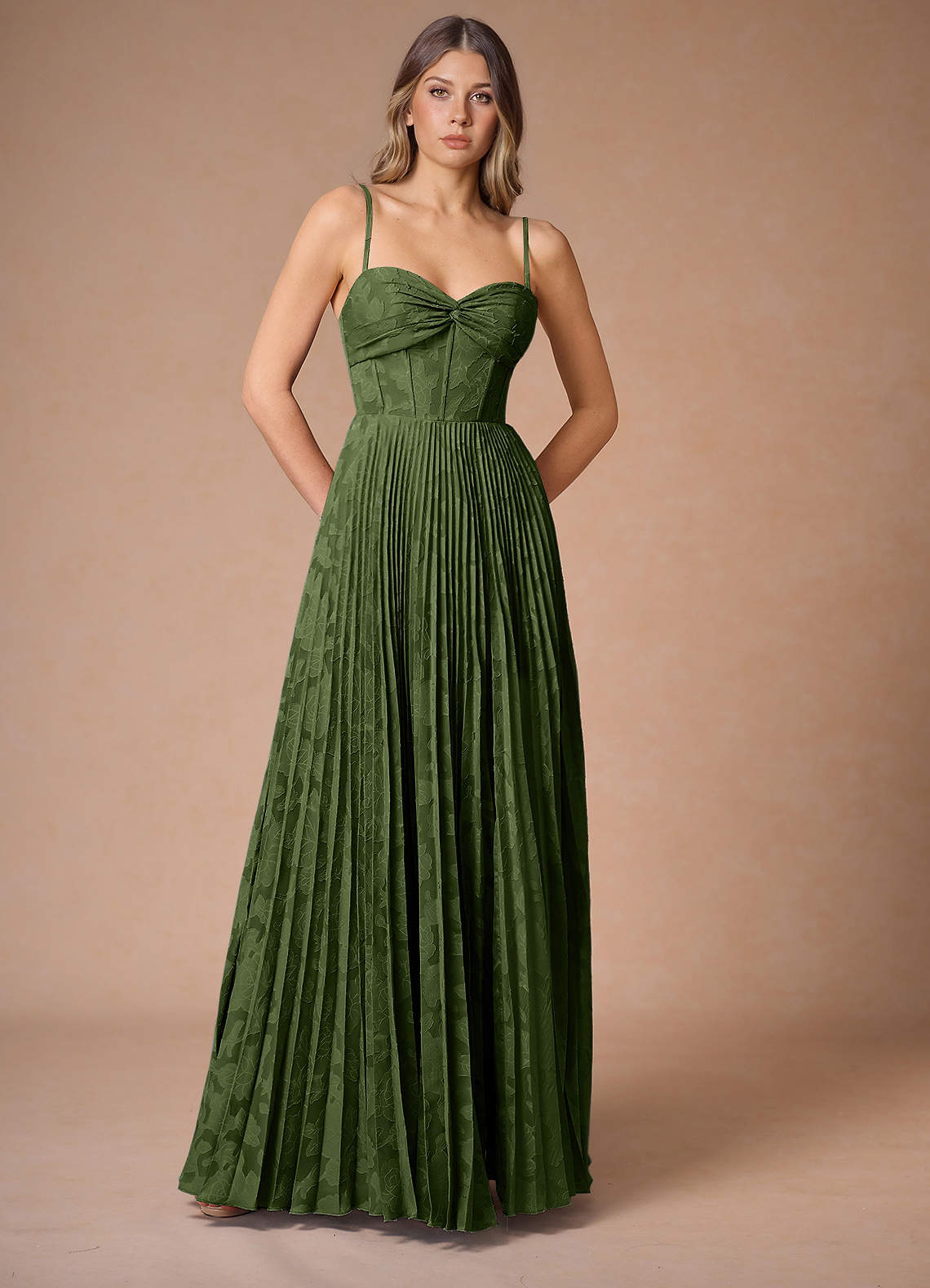Akiko Olive Pleated Maxi Dress | Azazie CA