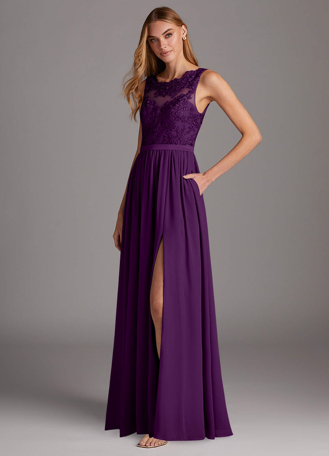 Azazie Elly Bridesmaid Dresses Grape A-Line Lace Scoop Neck Chiffon Dress image1
