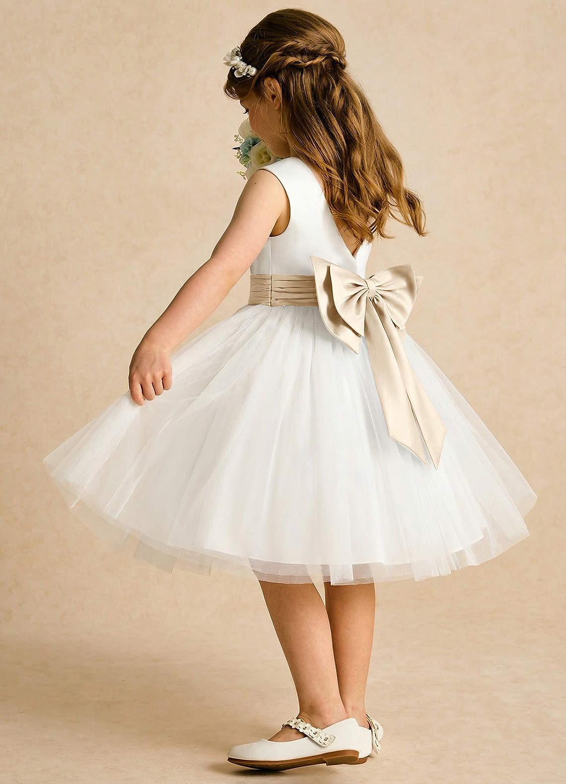 Azazie Sosie Flower Girl Dresses Ivory Champagne A-Line Pleated Tulle Dress image3