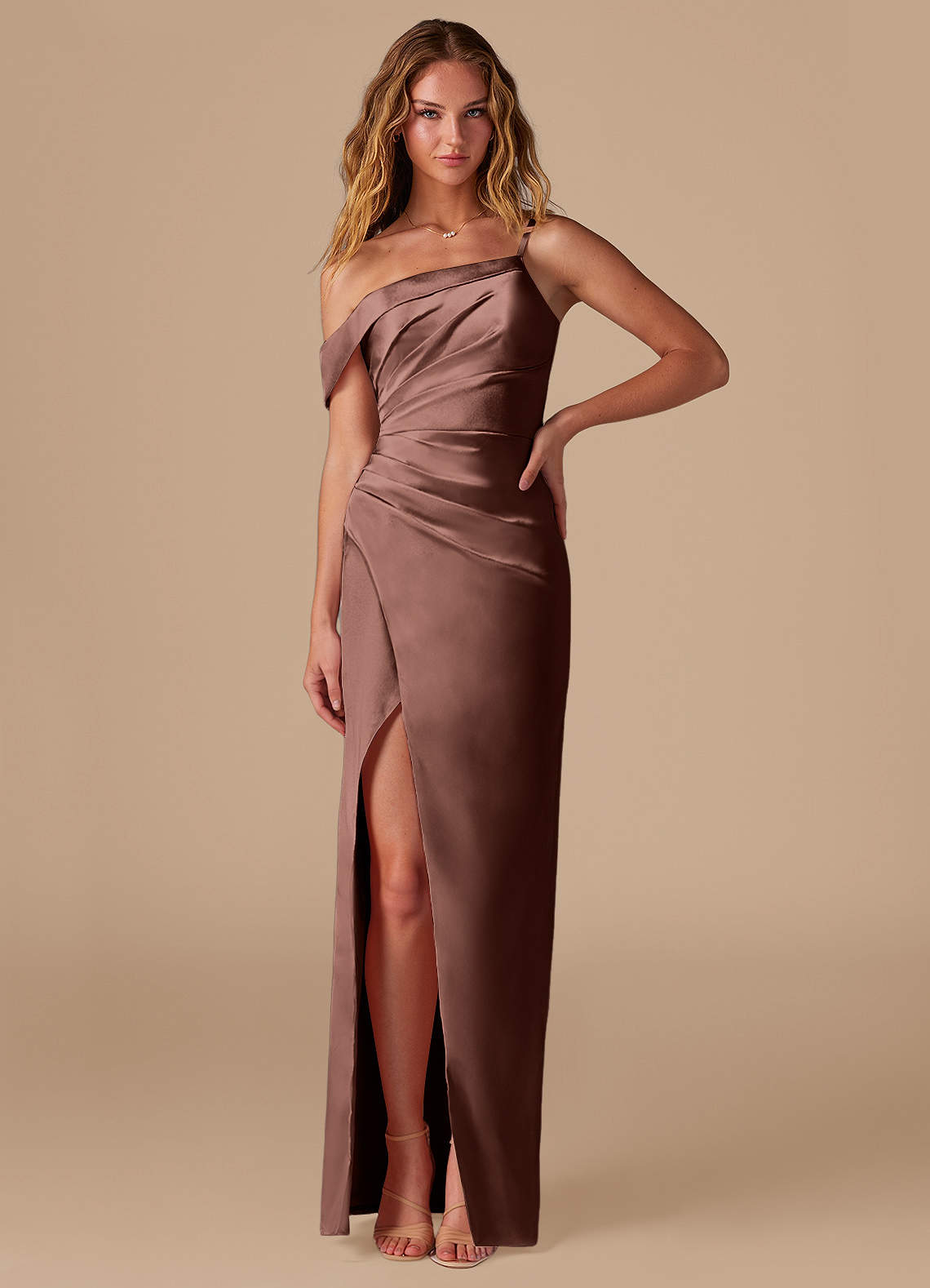 Azazie Lia Bridesmaid Dresses Espresso Sheath Off the Shoulder Metallic Satin Dress image1