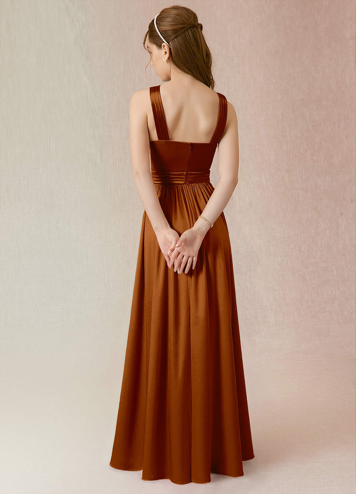 copper junior bridesmaid dresses Azazie A-Line/Princess Halter Neck Floor-Length Metallic Satin Junior Bridesmaid Dresses
