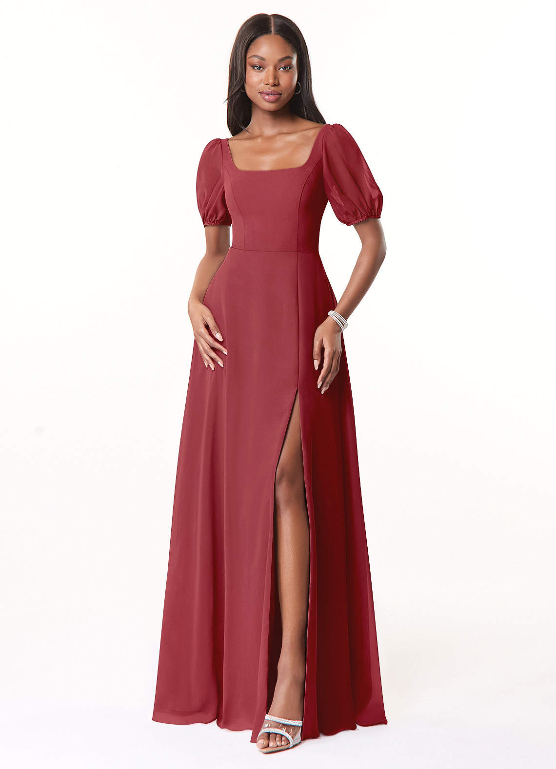Azazie Alani Bridesmaid Dresses Pomegranate A-Line Square Neckline Chiffon Dress image1