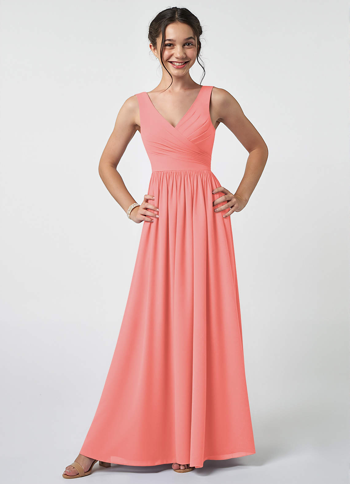 Azazie Keyla Junior Coral A-Line Pleated Chiffon Dress image1